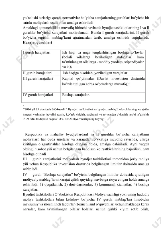 arajatlar iii guruh harajatlari kapital qo’yilmalar (davlat investision dasturida ko’zda tutilgan adres ro’yxatlarga muvofiq); iv guruh harajatlari boshqa xarajatlar. 652014 yil 15 dekabrda 2634-sonli “ byudjet tashkilotlari va byudjet mablag’i oluvchilarning xarajatlar smetasi vashtatlar jadvalini tuzish, ko’rib chiqish, tasdiqlash va ro’yxatdan o’tkazish tartibi to’g’risida nizomni tasdiqlash haqida” o’z. res.moliya vazirligining buyrug’i respublika va mahalliy byudjetlardani va ii guruhlar bo’yicha xarajatlarni moliyalash har oyda smetalar va xarajatlar ro’yxatiga muvofiq ravishda, ularga kiritilgan o’zgartirishlar hisobga olingan holda, amalga oshiriladi. ayni vaqtda oldingi hisobot yili uchun belgilangan baholash ko’rsatkichlarining bajarilishi ham hisobga olinadi iii guruh xarajatlarini moliyalash byudjet tashkilotlari tomonidan joriy moliya yili uchun respublika investision dasturida belgilangan limitlar doirasida amalga oshiriladi. iv guruh “boshqa xarajatlar” bo’yicha belgilangan limitlar doirasida ajratilgan moliyaviy mablag’larni xarajat qilish quyidagi navbatga rioya etilgan holda amalga oshiriladi: 1) ovqatlanish; 2) dori-darmonlar; 3) kommunal xizmatlar; 4) boshqa xarajatlar. byudjet tashkilotlari o’zbekiston respublikasi moliya vazirligi yoki uning hududiy moliya tashkilotlari …