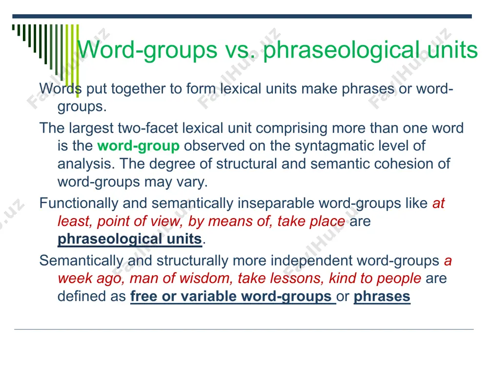 combinations of words which condition the realization of a certain meaning the range of the lexical valency of words is linguistically restricted by the inner structure of the english word-stock. though the verbs lift and raise are treated as synonyms, only raise is collocated with the noun question. the verb take may be interpreted as ‘grasp’, ’seize’, ‘catch’, etc. but only take is found in collocations with the nouns examination, measures, precautions, etc., only catch in catch smb. napping and grasp in grasp the truth. the restrictions of lexical valency of words may manifest themselves in the lexical meanings of the polysemantic members of word-groups. the adjective heavy, e.g., is combined with the words food, meals, supper, etc. in the meaning ‘rich and difficult to digest’. but not all the words with the same component of meaning can be combined with this adjective *heavy cheese or *heave sausage. the lexical …