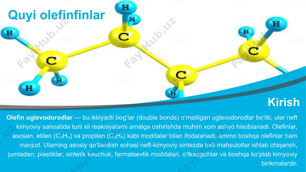 moddalar va materiallar ishlab chiqarish uchun ishlatiladi. olefinlarni ishlab chiqarish usullari katalitik kraking olefinlar neftni kraking qilish orqali ishlab chiqariladi. bu usulda og‘ir uglevodorodlar, ayniqsa, neft va gazning og‘ir fraksiyalarini qizdirish orqali engil olefinlarga ajratiladi. etilen va propilenni ishlab chiqarish etilen va propilen ishlab chiqarishning asosiy usuli bu etilendan va propilendan to‘g‘ridan-to‘g‘ri katalitik reaktsiyalarni amalga oshirishdir. debutanizatsiya butilen va izobutilenlar alohida to‘plangan gazlardan olinadi va bu usul orqali ular polimerlash va boshqa kimyoviy jarayonlarda qo‘llaniladi. xulosa olefin uglevodorodlar neft kimyoviy sanoatida asosiy xom ashyo bo‘lib, ular polimerlar, sintetik kauchuklar, farmatsevtik moddalar va boshqa kimyoviy mahsulotlarni ishlab chiqarishda muhim o‘rin tutadi. ularning kimyoviy xususiyatlari va reaksiyalari sanoatdagi ko‘plab texnologik jarayonlarni amalga oshirishda asosiy vosita hisoblanadi. shuningdek, olefinlar atrof-muhitni muhofaza qilishga yordam beruvchi yangi materiallar va ekologik jihatdan toza mahsulotlarni ishlab chiqarish uchun ham ishlatilmoqda. 1. g‘ulomov b.t., "neft kimyosi va texnologiyasi" 2. ismoilov s.a., "neft va gaz kimyoviy sintezlari" 3. abdurahmonov …