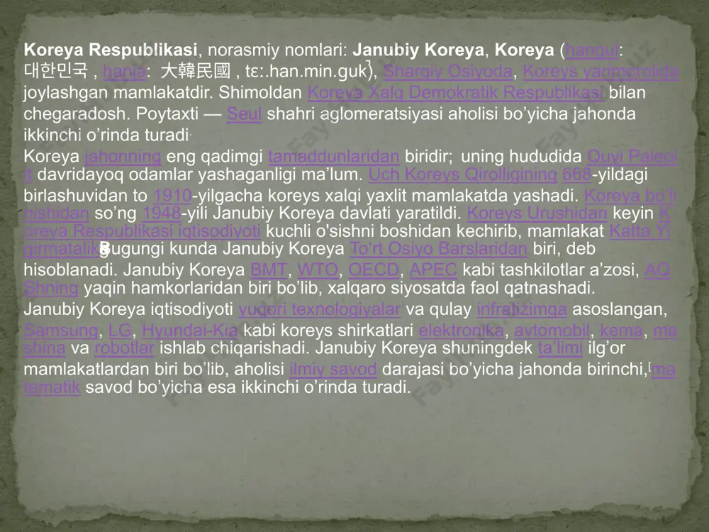 irinchi prezindeti etib tayinlanadi, ayni shu yilning 9-sentabrida kim ir sen boshchiligidagi koreya xalq demokratik respublikasi (kxdr) tashkil topadi. 1948-yil krning birinchi konstitutsiyasi ham qabul qilinadi. birinchi respublika boshqaruv davri bmt, xitoy va ssrining qurolli kuchlarining faol ishtiroki bilan boʻlgan shimoliy va janubiy koreya urushi bilan taʼriflanadi. bu urush natijasida ikkala koreys davlati ham katta moddiy va iqtisodiy talafot koʻradi. birinchi respublika 1960-yili aprel inqilobidan soʻng tugatiladi. ] ikkinchi respublika talabalar inqilobidan soʻng vaqtinchalik davlat boshqaruviga ho chon ismli shaxs keladi. 1960-yil 29-iyulda saylov boʻlib oʻtadi va unda demokratik partiya gʻalaba qozonadi. bu esa ikkinchi respublikaning boshlanishiga sabab boʻladi va prezident etib yun bo son saylanadi. harbiy hukumat ikkinchi respublika davlat boshliqlarining muvaffaqiyatsiz olib borgan siyosati harbiylarga yoqmaydi, bu esa harbiylarning koʻtarilishiga sabab boʻladi. 1961-yili harbiy toʻntarish boʻladi va davlat tepasiga general-mayor pak chon hi keladi. harbiylar hukumati davlatni demokratik boshqaruvga oʻtkazishlikka hayrihox boʻladi, bu esa 1963-yilda saylovga olib keladi. …