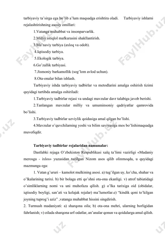 nsoniy, yuksak axloqiy sifatlar: a) allomalarning o’g’il va qizlarga aytgan nasihatlari; b) qizlik iffati hayosi, g’ururi; v) oila va jamoat mehnatiga to’g’ri munosabatda bo’lish; g) inson go’zalligini anglatuvchi belgilar. klaster metodi tarbiya jarayonini tashkil etish. mustahkamlash uchun savollar: 1. tarbiya uzluksiz jarayon deganda nimani tushunasiz? 2.tarbiyaviy ishlar samaradorligini qanday mezonlar asosida o’rganish mumkin?. 2. tarbiyaviy ishlarni qanday usullar orqali tashkil qilasiz” . 3. tarbiyaning shaxsga yo’nalganligi haqida fikrlaringizni aytib bering? baholash mezohi. guruhlar savolning to‘liq va aniq yoritilishi 0-5 ball misollar bilan muammo- ga echim topi- shi 0-5 ball guruh a’zolarining faolligi 0-5 ball jami ball 15-13 ball – «a’lo» 12-10 ball – «yaxshi» 09-06 ball – «qoniqarli» 3. tarbiyaning shaxsga yo’nalganligi. demak, tarbiyaviy ishlar metodikasi,pedagogika o’sib kelayotgan avlod tarbiyasi va talimi to’grisidagi fan bo’lib, ijtimoiy pedagogika esa jamiyat a’zosini tarbiyalash va unga talim berish to’g’risidagi fandir. ijtimoiy pedagogika davlat va jamiyat institutlarining ma`naviy ma’riy markazlari faoliyati sohasidir, bu yyerda …