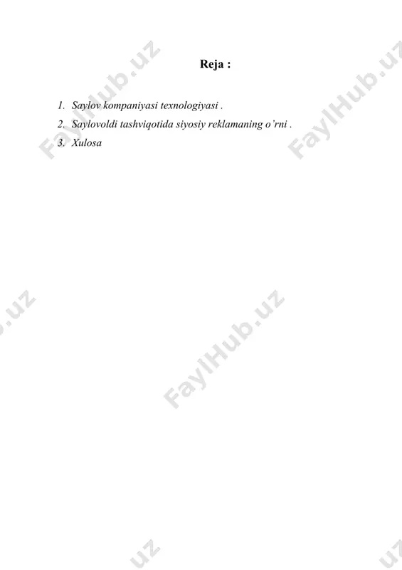 erish natijalarini soxtalashtirish maqsadida xizmatga kirishdi. o’zbekiston respublikasida elektiv texnologiyalardan foydalanishning yana bir jihati davlatning katta hududi, uning ko’plab vaqt zonalariga bo’linishi bilan bog’liq. ushbu ishning maqsadi saylovoldi “poyga”da qo’llaniladigan texnologiyalarni tahlil qilishdan iborat. 1. saylovoldi tashviqotida siyosiy reklamaning o’rni. saylov kampaniyasidagi siyosiy reklama bir qarashda tijorat reklamasidan iste’molchiga so’zsiz mahsulot emas, balki g’oya yoki shaxsni taklif etishi bilangina farq qiladi. biroq, saylov tashviqoti, qoida tariqasida, raqobatchilarning qarshi tashviqotidir. agar savdo reklamasida “betakror barqaror ta’m” haqidagi ma’lumotni hech kim inkor etishga urinmasa, saylov kampaniyasida ham o’ziga xoslik, ham barqarorlik, hattoki, umuman ta’m borligi ham inkor etiladi. siyosiy reklama ko’proq ko’p tomonlama, moslashuvchan, hissiy. u shunchaki strategiya va taktikani qo’llashga, inson tafakkurining eng chuqur asoslarini manipulyatsiya qilishga majbur bo’ladi. nomzod uchun samarali ishlaydigan jamoaning arsenalida har doim eng xilma-xil, eng qadimgisidan tortib to oxirgisigacha, tanlangan o’yin natijasiga ta’sir qilish usullari va usullari mavjud. masalan, mashhur xitoy strategiyalarini qo’llash san’atini egallagan maslahatchilar …