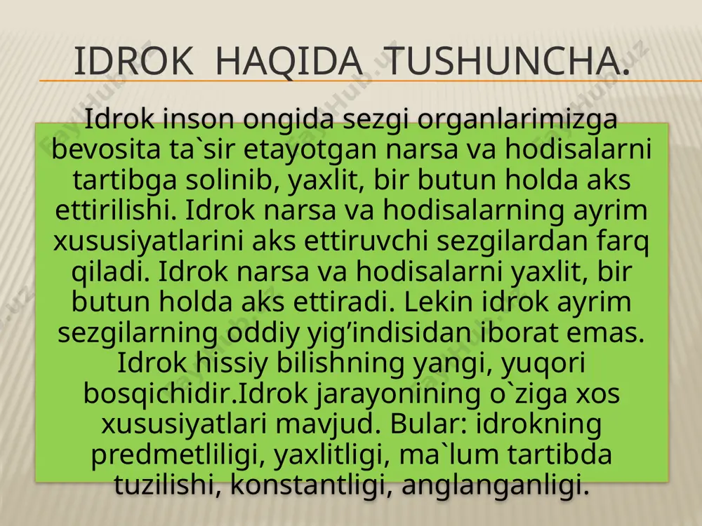 . idrok jarayonining konstantligi tug`ma emas. masalan, qalin o`rmonda yashovchilar ochiq joylarda (cho`l) uzoqdagi predmetlarni uzoqlikdagi emas, kichik sifatida idrok qiladilar. idrokning konstantligi buzilgan, yoki shakllanmagan bo`lsa kishi balanddan turib pastdagi narsani kichikdek idrok qiladi. bolaligida ko`r bo`lib qolgan bemor 10-12 metr balandlikdagi derazadan pastga bemolol sakrab tushaolsam kerak deb uylagan. image3.jpeg image4.png /docprops/thumbnail.jpeg