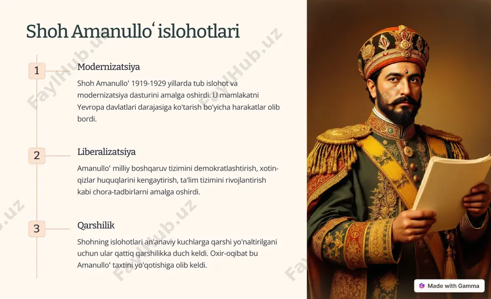 likning o'rnatilishi keyinchalik aqsh va nato afgʻonistonda mavqeli hukumatni o'rnatishga harakat qildi, lekin barqaror tizim yaratish qiyin kechdi. https://gamma.app/?utm_source=made-with-gamma hozirgi afgʻoniston: muammolar va istiqbollar muammolar hozirgi afgʻonistonning asosiy muammolari: qurolli to'qnashuvlar, terrorchilikning avj olishi, iqtisodiy barqarorlikning yo'qligi va ijtimoiy-siyosiy ishonchsizlikdir. istiqbollar afgʻoniston uchun istiqbolli yo'nalishlar: tinchlik va barqarorlikni qayta tiklash, iqtisodiy rivojlanish, siyosiy va ijtimoiy barqarorlik hamda xalqaro hamkorlikni kengaytirish. https://gamma.app/?utm_source=made-with-gamma xulosa afgʻoniston tarixidagi murakkab, dramatik voqea-hodisalar, bu mamlakat va xalqning kuchli turmush tarzini aks ettiradi. qiyinchiliklar va chalkashliklar bilan birga, afgʻoniston xalqi o'z mustaqilligini, madaniyatini va an'analarini saqlab qolishga intilgan. har bir davrning o'z muammolari, imkoniyatlari va istiqbollari mavjud. https://gamma.app/?utm_source=made-with-gamma