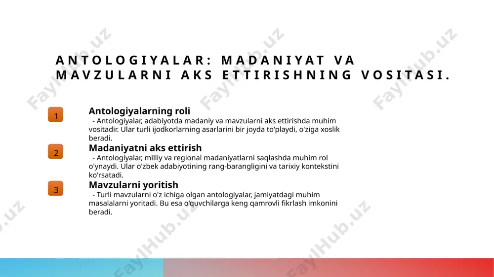 muhim vosita sifatida xizmat qiladi, avlodlar orasida bog'lanish o'rnatadi. rivojlanish va o'zgarish antologiyalar vaqt o'tishi bilan rivojlanadi, yangi mavzular va uslublarni o'z ichiga olib, o'zbek adabiyotining eng muhim qismiga aylanadi. e'tiboringiz uchun rahmat! /docprops/thumbnail.jpeg