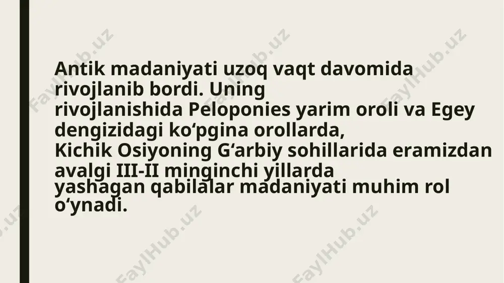 moddiy – ma’naviy madaniyatning tushkunligi ko‘rinadi. bu vaqtdan boshlab temir o‘zlashtirila boshlanadi. peloponnes yarim oroli va kritga doriylar kelib o‘mashadilar. doriylaming kirib kelishi bilan mavjud sivilizatsiya yo‘q qilib yuborildi. xulosa qilib aytganimizda, krit-miken jamiyati qadimgi yunonistonda ilk sivilizatsiya o‘choqlaridan biri boiib, bu yerda ilk davlatchilik shakllari ko‘zga tashlanadi. lekin bu davlat keyinchalik o‘zaro bosqinlar natijasida inqirozga yuz tutadi. foydalanilgan adabiyotlar roʻyhati: r. tursunovning jahon tarixi kitobidan foydalanildi... e’tiboringiz uchun raxmat image1.jpeg image2.jpeg image3.jpeg image4.jpeg image5.jpeg /docprops/thumbnail.jpeg