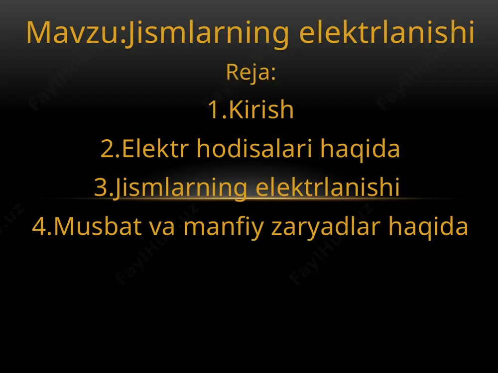 adli jismlar o’zaro itariladi turli xil ishorali zaryadlar esa o’zaro tortiladi musbat zaryadlar haqida fransuz olimi sh. dyufe va amerikalik olim b. franklin taklifiga binoan birinchi turdagi zaryadni shartli ravishda musbat zaryad deb, ikkinchi turdagi zaryadni shartli ravishda manfiy zaryad deb atashga kelishilgan atom yadrosi musbat zaryadlangan bo’llib unng atrofidagi elektronlar esa manfiy zaryadlangan bo’ladi atom yadrosining o‘lchami atom o‘lchamidan taxminan yuz ming marta kichikdir. lekin yadroda atomning amalda barcha massasi to‘plangan bo‘ladi. atomning yadrosida musbat zaryadga ega bo‘lgan proton va zaryadga ega bo‘lmagan neytron bo‘ladi. yadro atrofida aylanib yurgan elektronlarning massasi taxminan ikki ming marta kichik bo‘lib, yadroga tortilishi tufayli undan ma’lum masofada aylanib yuradi. proton zaryadining miqdori son qiymati jihatidan elektron zaryadiga teng. shunga ko‘ra, atomning umumiy zaryadi nolga teng. shunda elektronlar o‘tib qolgan jism manfiy, elektronini bergan jism musbat ishorada zaryadlanadi nazorat savollari jismlar ishqalanganda nima sababdan elektrlanib qoladi? 2. elektrlanish hodisasi foydalimi yoki zararlimi? 3. tabiatda …