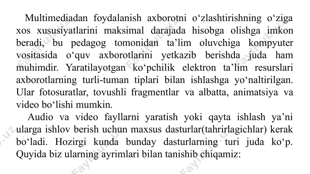 ‘yicha o‘tkaziladi. harakatli video hosil bo‘lishi uchun sekundiga bir nechta kadrni skanerlash zarur. televizorlarda kadrlar sekundiga bir necha o‘nlab chastotada almashadi. raqamli video – ma’lumot raqamli ko‘rinishda saqlanuvchi tasvir yoki tasvirlar to‘plami. unda raqamli signallar va xalqaro television va analogli videoda qo‘llaniladigan tasvirni ekranga chiqarish standartlardan farq qiluvchi standartlar qo‘llaniladi. raqamli video analogli videoga nisbatan quyidagi ustunliklarga ega: bu texnologiya tasvir namoyishidagi to‘siq va buzilishlarni minimallashtirib, tasvirlardan nusxa olishdagi sifatni saqlaydi, sifatli ovoz yozadi, tasvirdagi piksellar miqdori ikki marta ko‘proq bo‘ladi, videoyozuvlarni tezkor va oson tahrirlash imkoniyatiga ega va h.k. video-ma’lumotlarni saqlash formatlari cd avi (audio video interleave – audio va video almashinuvi) – videoni saqlash va windows muhitida namoyish etish uchun microsoft tomonidan yaratilgan format, tasvir va ovozning bir vaqtda saqlanish imkoniyatini beradi. bu formatdagi video yozilishida avval kadr, so‘ngra shu kadrga mos ovoz navbatma-navbat yoziladi. videokadrlarga bo‘linishi tabiiy, lekin ovoz uzluksiz oqimga ega bo‘lib, sun’iy ravishda kadrlarga mos …