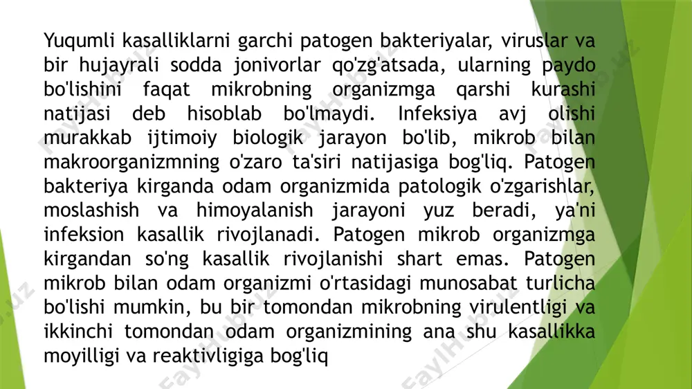 n beradi.bu yerda shaxsiy profilaktika va gigiyenaga shuningdek,butun jamoaning gigiyena sanitariya talablariga rioya qilish muhim ahamiyatga ega. mikrotavmalarni davolash teri va shilliq pardalarda mikroblarning hamisha kop bolishi munosabati bilan har qanday arzimas shikastlanish ham turli yalliglanishlarni keltirib chiqarishi mumkin.infeksiyaning oldini olishda arzimas shikastlanishlar yuz bergan teri va shilliq pardalarni dizinfeksiya qilish,shuningdek yaralarni davolash,xirurgik tozalash katta ro`l o`ynaydi yiringli kasaliklarining togri bajarilishi shu jumladan ularning asosiylaridan biri yiringli kasal bilan aloqani chegaralashdir.yiringli kasalliklar bilan azob chekayotgan bemorlarni bir bolim chegarasida ayrim palatalardan ajratib qoyish yetarli emas,chunki bemorlar dam olish joylarida hojatxona,vannali xonada ozaro kontaktga kirishishi mumkin yiringli kasalliklar bilan ogrigan bemorlarni alohida yara boglash xonasi, jarrohlik bolimi va qoshimcha binolari bolgan maxsus septik bolimga yigish lozim.septik sharoitlarda aseptika va antiseptika qoidalariga rioya qilish katta etiborni talab qiladi.chunki ikkinchi marta tushgan infeksiya ogir asoratlarga olib borishi hatto olimga olib borishi mumkin. e`tiboriz uchun rahmat image1.png image2.png image3.png image4.png /docprops/thumbnail.jpeg