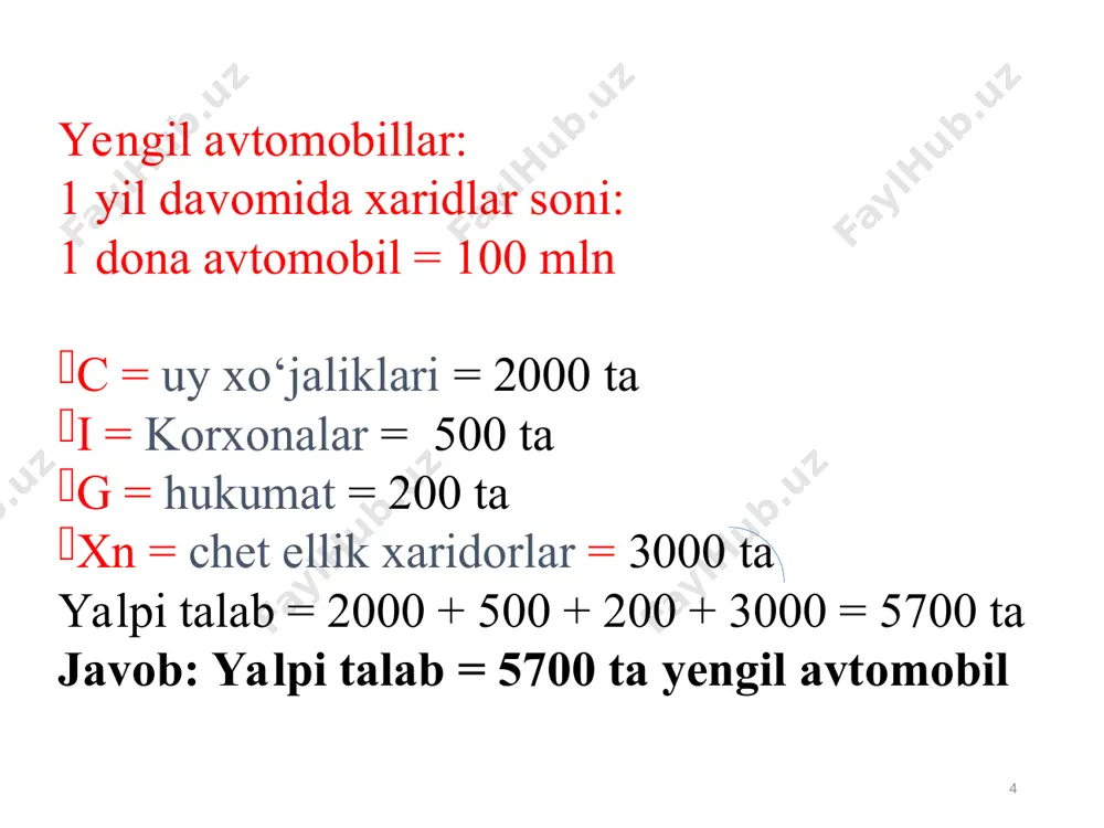 ilib boruvchi (yoki oraliq) kesma; 3. vertikal (yoki klassik) kesma. * yalpi taklif (as) – agregate supply egri chizig‘i alohida tovar taklifi egri chizig‘idan farq qilib uch qismdan iborat. vertikal yoki klassik kesma ko‘tarilib boruvchi yoki oraliq kesma gorizontal yoki keyns kesmasi р y yalpi taklifning keyns kesmasida milliy ishlab chiqarishning haqiqiy hajmi uning potentsial hajmidan, ya’ni to‛liq bandlik sharoitida erishishi mumkin bo‛lgan hajmidan kamdir. demak bu kesma iqtisodiyot pasayish bosqichida bo‛lgan va katta miqdordagi resurslardan foydalanilmagan sharoitni ko‛rsatadi. foydalanilmayotgan ushbu resurslarni esa baholar darajasiga ta’sir ko‛rsatmagan holda ishga tushirish mumkin. bu kesmada milliy ishlab chiqarish hajmi oshishi baholar darajasi o‛zgarmay qolgan sharoitda ro‛y beradi. * vertikal yoki klassik kesmada iqtisodiyot to‛liq bandlik sharoitiga yoki ishsizlikning tabiiy darajasi sharoitiga erishgan vaziyatni ko‛ramiz. bunda to‛liq ish bilan ta’minlanish va o‛sishga joy yo‛q xolat yuzaga keladi. tovarlar va xizmatlarga talabning yanada o‛sishi narxlarning o‛sishini oshiradi. ushbu xolat klassik (neoklassik) nazariyaga mos keladi, …