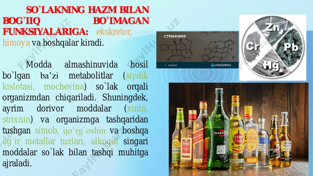 hamda hazm bo`lishini osonlashtiradi. pepsin va gastriksinlar nisbati 1:2-1:5 bo`lishi mumkin. me’dada proteolitik fermentlar ta’sirida oqsillarning parchalanishi oxiriga yetmaydi. ulardan yirik polipeptidlar hosil bo`ladi. bu moddalar ingichka ichakda me’da osti bezi va ichak fermentlari ta’sirida oxirigacha, ya’ni aminokislotalargacha parchalanadi. me'da shirasida proteolitik bo`lmagan fermentlar ham mavjud. bularga, masalan, emulsiyalangan yog`ni ham parchalovchi lipaza kiradi. oqsil va lipidlar me'da shirasidagi lipaza kislotali muhitda faol bo`lmaydi. bu fermentning emadigan bolalar uchun ahamiyati katta. ularning me'dasida kislotalilik sust, va me'da lipazasi sutning o‘zidagi lipaza bilan birga emulsiya holidagi sut yog`larini parchalaydi. lipaza fermenti emulsiya holidagi yog`larni (masalan, sutdagi yog`larini) glitserin va yog‘ kislotalari gacha parchalaydi. me'dada oziq modda muhiti kislotali bo`lgunga qadar so`lak a- amilazasi ta’sirida karbonsuvlar gidrolizi davom etadi. me'da shirasining asosiy anorganik qismini erkin va proteinlar bilan bog`langan holda yuruvchi xlorid kislotalar (0,5%) tashkil qiladi. me’da shirasining osmotik bosimi plazmadan yuqoridir. me'da shirasining asosiy anorganik qismini erkin va proteinlar bilan bog`langan …