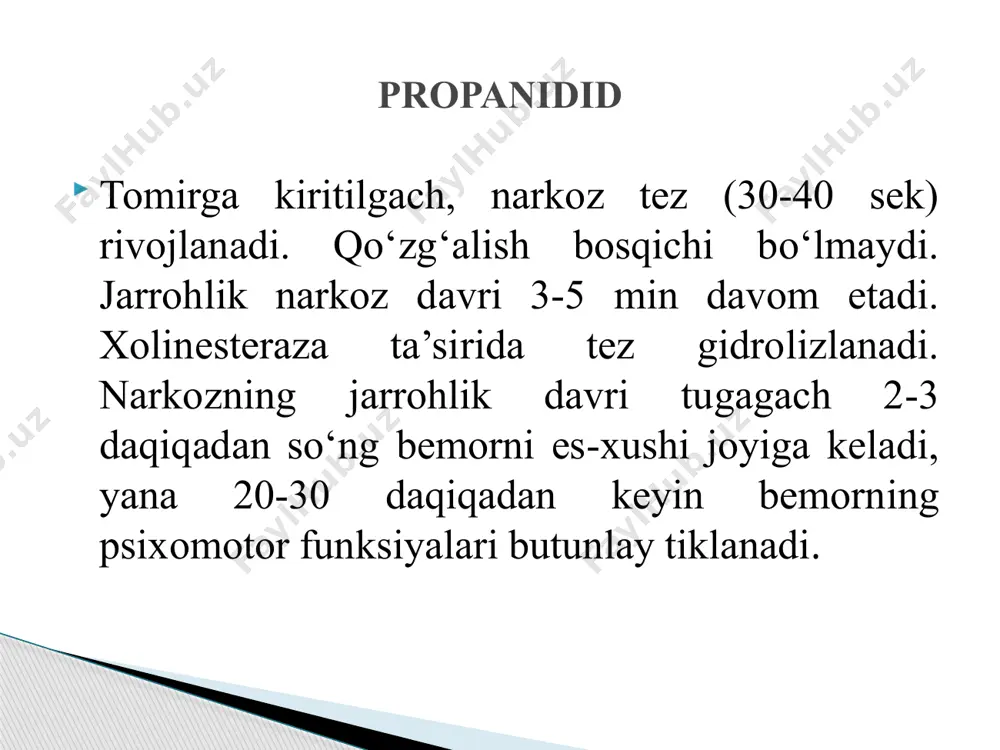 eziya chaqiradi. lekin alkogolning qondagi miqdori ortishi bilan uzoq davom etuvchi qo‘zg‘alish davri yuzaga chiqadi, undan keyin jarrohlik davri boshlanadi. bunda mnsning faolligi, harakatni boshqarish keskin kamayadi. es-xush chalkashadi keyin butunlay yo‘qoladi alkogolning narkotik ta’sir kengligi juda tor bo‘lganligidan jarrohlik davri tez agonal davriga o‘tadi: nafas va qon aylanish markazlarning falajlanish belgilari yuzaga chiqadi, nafas olish qiyinlashadi, qon bosimi pasayadi. keyinchalik bu markazlarning faoliyati to‘xtaydi. shu sababli alkogol narkoz chaqirish uchun qo‘llanilmaydi. alkogol ta’sirida teri tomirlari kengayadi va issiqlikni ajratish (tarqatish) kuchayadi (bemor qizib ketganga o‘xshaydi) va tana harorati pasayadi (sovuq kunda muzlab qolish alkogol ichgan odamlarda tezroq bo‘ladi). alkogolning mahalliy ta’siri uning konsentratsiyasiga bog‘liq: 40% mahalliy tomirlarni kengaytirib giperemiya chaqiradi, 95%-burushtiradi (jarroh) qo‘lini ishlov berishda (antiseptik sifatida) qo‘llaniladi. kesuvchi asboblarni dezinfeksiyalashda ham foydalaniladi. organizmda alkogolning 90% suv va so2 ga parchalanadi, bunda katta miqdorda energiya ajraladi (7,1 kkal/g). bu uglevod parchalanishidan ko‘proq va yog‘lar parchalanishiga teng keladi. lekin hosil …