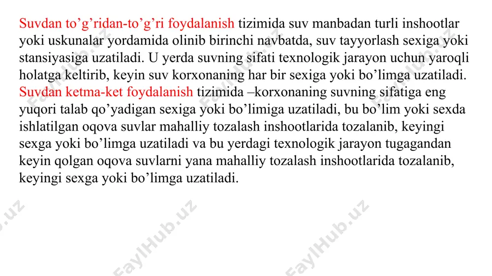 al tuzlar bilan boyitilgan musluk suvi. tozalangan suv: tabiiy minerallarni olib tashlash uchun sterilizatsiya qilingan va filtrlangan. distillangan suv: u bug'lanish bilan tozalanadi, bu uning minerallarini yo'q qiladi. keyin bug'lar suyuq shaklga - suvga qayta tiklanadi. tuzli suv: bu dengiz suvi singari ko'plab erigan tuzlarni o'z ichiga olgan suv. yumshoq suv: ba'zi hollarda distillangan suvni almashtirishi mumkin bo'lgan yomg'ir suvi, chunki buloqlar yoki daryolarning suvlari bilan solishtirganda toza va mineral tuzlar yo'q. buloq suvi: er yuzasida joylashgan er osti suvlari tarkibida erigan mineral va gazsimon moddalar mavjud. buloq suvi asosiy erigan mineral sifatida gidroksidi, oltingugurtli va boshqalar bo'lishi mumkin, natijada uning dorivor xususiyatlari mavjud. image1.jpeg image2.png image3.png image4.jpeg image5.png image6.png /docprops/thumbnail.jpeg
