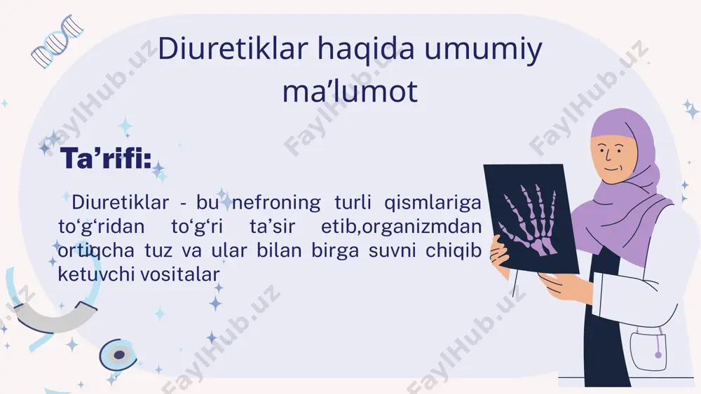 osmotik diuretiklar mannitol, mochavina ko‘rsatmalar: • to‘qimalar degidratatsiyasi •qonning qoldiq azotni oshishi(mochevina) • buyraklarning ajratish faoliyatini buzilishi • og‘ir yurak etishmovchiligi •gipertoniya kasalligi • oʻpka hujayralar butunligi buzilganda oʻpka shishi nojoʻya taʼsirlar qarshi koʻrsatmalar farmokokinetikasi : venaga sekinlik bilan yuboriladi ( tomchilab emas) mannitni 10% toʻqimalarga oʻtadi,qolgan qismi qonda qoladi. mochevina va sorbit toʻqimalarga tezda oʻtib ketadi. mochevina sekinlik bilan biotransformatsiyaga uchraydi. sorbit toʻqimalarda butunlay va tezda glikogenga ahlanib olsdi shu sabab uni samarasi past. osmotik diuretiklar chaqaloqlarda va 1 yoshga toʻlmagan bolalarda umuman qoʻllanilmaydi . muhim: karboangidraza ingibitorlari ● diakarb (atsetazolamid, fonurit, diamoks), ● farmakokinetika. oitdayaxshi so‘riladi. ta’siri 1 - 1,5 s. so‘ng boshlanadi, maksimal 2-4 s. so‘ng, davomiyligi 6-12 s. ● sekretsiya orqali asosan proksimal naychada ajraladi. t1/2 - 100min diakarb haqida boshqa dorilar bilan oʻzaro taʼsiri: qovuzloq diuretiklarga sezgirligini oshirish va kuchli diuretiklani uzoq vaqtga buyurilganda phni tiklanishi uchun qo‘shimcha vosita sifatida qo‘llaniladi.tiazidlar bilan birga beringanda siydik …