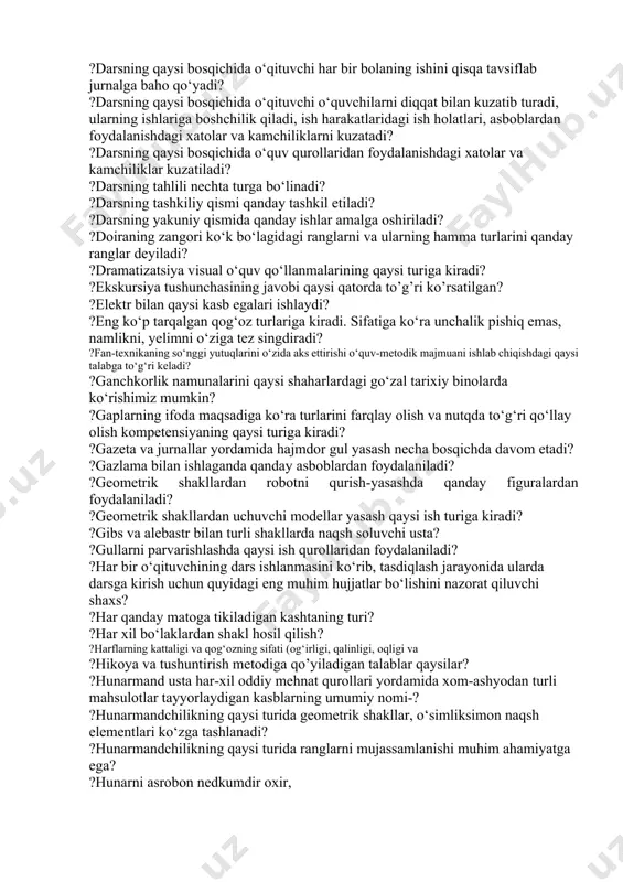 da to’g’ri ko’rsatilgan? ?boshlang’ich sinflarda texnologiya darslari qanday shaklda olib boriladi? ?boshlang’ich sinflarda texnologiya fanidan qanday to’garaklar mavjud? ?-bu applikatsiya turi noyob o‘yinni taqdim etadi: u oltin kabi porlaydi. bu rasmlar, bezakli chiziqlar, kitoblar uchun xatcho‘plar, qutilar, ramkalar bo‘lishi mumkin. ?bu- faoliyatning mashq qilishlar jarayonida yetilgan, mujassamlashgan tajribasiga nima deyiladi? ?-bu rasm sathida ayrim-ayrim parchalar (qog‘oz, oyna, sapo, gul tojibarglari, tuxum po‘sti va shu kabilar) qo ‘yib chiqishdir. ?bu shakllar va ranglarning ko'rib chiqilgan joylashuvi bo'lib, bir tomoni ikkinchisining oyna tasviri? ?bu usulda materialni jonli va obrazli bayon qilinadi va yangi bilimni o‘qituvchining o‘zi beradi? ?bu yupqa, egiluvchan, sathiga turli rangda jilo berilgan, ishlov berish oson va ko‘rinishi chiroyli. hajmi kichik narsalar, papkalar, muqovalar tayyorlash uchun qulay bo‘lgan karton turidir? ?buklash usulida oqqush maketini yasash necha bosqichdan iborat? ?bunda faqat o‘qituvchi gapiradi, o‘quvchilar esa uning nutqini idrok etib, anglab oladilar. og‘zaki bayon qilish usulining qaysi ko‘rinishiga kiradi? ?buyum, narsa, namunalar …