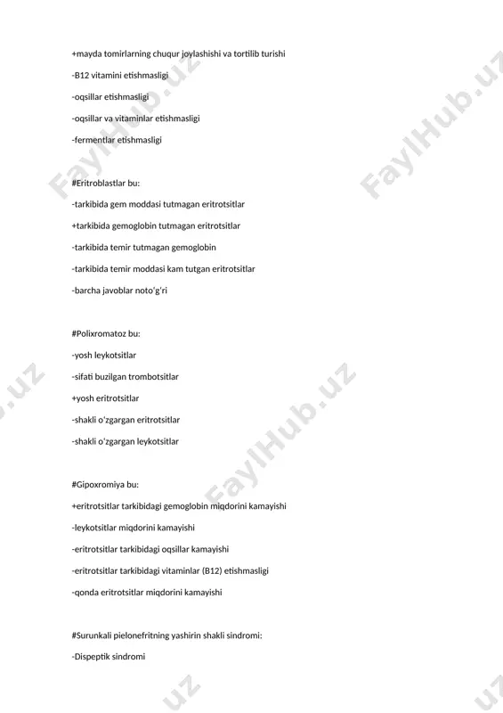 yd qilish -subfebril harorat -qourinda orab oluvchi ogrik -yakkol meteorizm -engillik beradigan qayd qilish #oshqozon yarasining yorilgani klinika belgisi hisoblanadi +qorin oldi devorini mushaklarining doskasimon taranglashishi va yengillik his qilmaydigan qayd qilish -zangsimon balg‘am -qorinda orab oluvchi og‘riq -yaqqol meteorizm -yengillik beradigan qoida muomala qilishdir #funktsional gematuriya qachon kuzatiladi: +sportsmenlarda kuchli jismony zuriqishdan so‘ng -garohatdan so‘ng -koagulopatiyalarda -siydik yo‘llari infektsiyasida -buyrak tosh kasalligidan so‘ng #pollakiuriya bo‘ladi -kechkurungi diurezning kunduzgi diurezdan ustunligi +peshobning kichik portsiyalarda tez- tez ajralib turishi -kun davomida peshobning kam azhralib turishi -hohish bulmaganda ogriqli siydik ajralishi -tez- tez peshob agralishi #gematuriya kuzatiladigan kasalliklarni kursating? +glomerulonefrit -pielonefrit -sistit -diabetik nefropatia -uretrit #pielonefritda shikastlanadi +kanallar, intersitsiy shikastlanadi -buyrak tomir va limfatik sistemasi -klubochkalar -siydik pufagining shilliq qavati -klubochka va kanalchalar #surunkali buyrak yetishmovchiligining biokimyo ko‘rsatkichini ko‘rsating +kreatinin miqdorining ko‘tarilishi, mochevina miqdorining ko‘tarilishi -gipermagnezemiya, gipokalsemi, xolesterin miqdorining ko‘tarilishi -gipermagnezemiya, gipokalsemi -mochevina, ko‘tarilishi, hipokalsemi gipermagnezemiya miqdorining -xolesterin miqdorining ko‘tarilishi #surunkali buyrak …