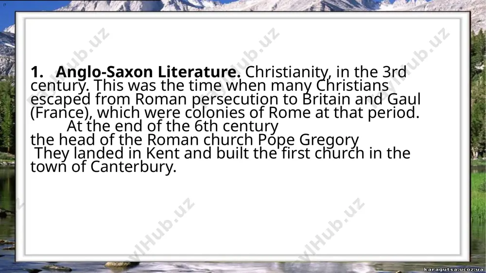 england’s danger was the greatest in a great battle fought by alfred at maldon in 891, the norsemen were defeated to make peace with them. alfred was a latin scholar. he created the first history of england, the first prose in english literature, the famous “anglo-saxon chronicle”. 9/30/2020 made by marhabo the literature of the early middle ages and the church taught that man was an evil being and his life on earth was a sinful life. as man was subordinated to god he had to prepare himself for the after-life by subduing his passions and disregarding all earthly cares. 9/30/2020 made by marhabo 9/30/2020 made by marhabo middle english literature (1100-1485) the literature of the norman period (12th - 13th centuries) when king alfred died, fighting with the danes soon began again. parties of the norsemen sailed round scotland and over to ireland. others sailed south across the channel …