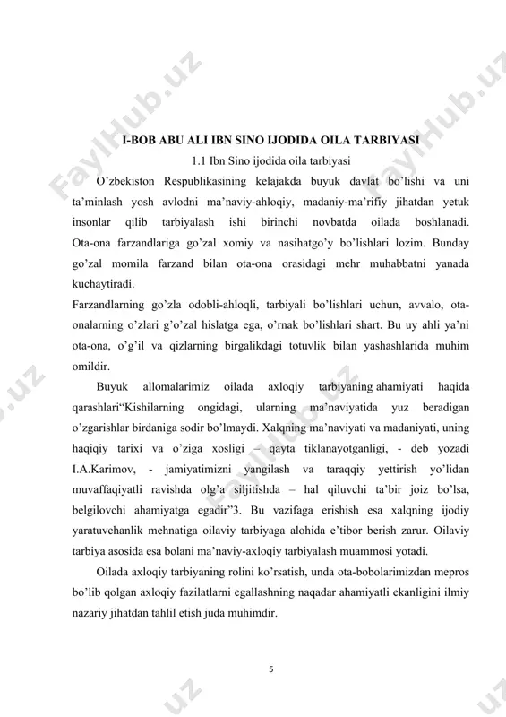 ayli milliy-axloqiy qadriyatlarimiz asrlar osha avlodlardan-avlodlarga o’tib kelmoqda. chunki bir tomchi bo’lsa ham ularning qoni tomirimizda oqayotir. ana shu qonni jo’sh urdirmoq bilan yuraklarimiz uyg’oq, dilimiz ravshan, tafakkurimiz munavvar. ana shunday kayfiyat bizning dilimizda ko’p yillardan beri yashirinib kelinar edi. endilikda milliy istiqlol tufayli milliy-axloqiy qadriyatlarimiz qaytadan tiklandi. ulardan bolalarni ma’naviy jihatdan tarbiyalashda foydalanish oilaviy tarbiyamiz uchun obektiv zarurtga aylandi. sharq xalqlarining bir necha ming yillar mobaynida yaratgan bebaho odob-axloq qoidalari, qadriyatlari mavjud. ularni qaytadan tiklash va hayotga tadbiq etish muhim masalalardan biridir. sharq mutafakkirlarining ilmiy merosida ta’lim-tarbiya masalalari muhim o’rin egallaydi. ayniqsa, ular oila va oilada farzand tarbiyasiga katta e’tibor berganlar. zero yosh avlod tarbiyasi insoniyatning kelajak taqdirini belgilaydigan, ularni ijobiy mezon bilan qurollantiradigan sifatlar bo’lganligi uchun ham mutafakkirlar bu muammoni hal qilishga harakat qilib kelganlar. muhamad ibn muso al xorazmiy, abu nosr farobiy, abu rayhon beruniy, abu ali ibn sino, muhamad qoshg’oriy, yusuf xos hojib, kaykovus, umar xayyom, …