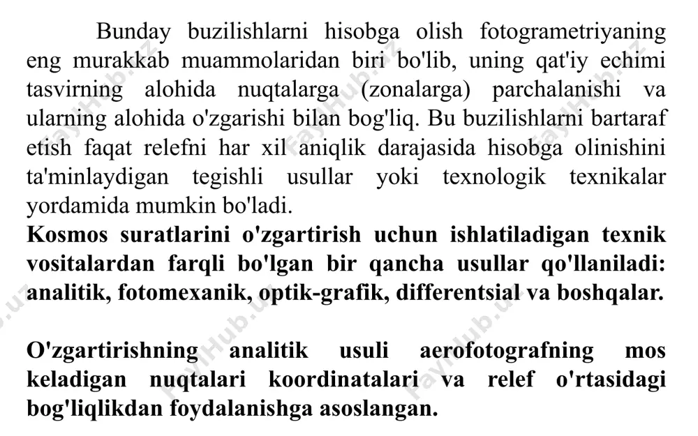 alari yoki sozlash elementlari orqali fototransformatsiyaga mo'ljallangan. qurilmalar yuqori sifatli almashtiriladigan linzalar bilan jihozlangan bo'lib, ular yuqori aniqlikdagi fotografik tasvirlarni olish imkoniyatini beradi. optik va geometrik shartlar hisoblash qurilmalari yoki elektromexanik invertorlar yordamida bajariladi; desentratsiyani operator qo'lda yoki maxsus hisoblash qurilmalari yordamida kiritadi. kompyuterlar asosida raqamli fotogrametrik qurilmalar va ish stantsiyalarining keng qo'llanilishi tufayli fototransformatorlarning yangi dizaynlarini ishlab chiqish o'z ahamiyatini yo'qotdi. fototransformatorda rasmlarni o'zgartirish rasmlarni fototransformatsiya qilish ma'lumotlarni sozlash yoki nazorat nuqtalari orqali amalga oshirilishi mumkin. rasmlarni sozlash ma'lumotlariga muvofiq o'zgartirish fta, rectimat, seg-v, seg-vi va boshqa fototransformatorlar yordamida amalga oshiriladi. analitik o'zgartirish uchun sizga kerak: f, x0, y0 tasvirning ichki yo'nalish elementlari; uning tashqi yo'nalishining burchakli elementlari a, ω, χ; suratga olishning o'rtacha balandligi h; fototransformator f ning fokus uzunligi va tuzilgan reja 1: m. ushbu ma'lumotlar asosida transformatsiya elementlarini hisoblash amalga oshiriladi. keyin aeronegativ fototransformator kassetasiga joylashtiriladi va ishonchli belgilar bilan aniq yo'naltiriladi. tegishli o'lchovlarda, ularning nol …