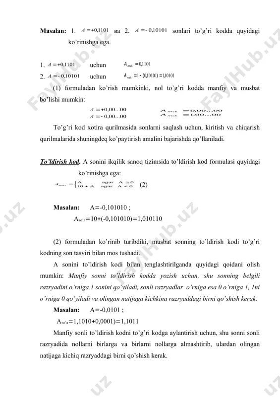 ta razryad olib boriladi: musbat-ikkita nol, manfiy-ikkita bir ko’rinishiga ega. ikqilik sanoq tizimini to’g’ri, to’ldirish va teskari modifikatsiyalashgan kod holatiga keltirish uchun yuqorida qayd qilingan qoidalar ishlatiladi. sonlarni berilgan kodlarga aylantirish uchun ehmga son kiritilgandagidek operatsiyani bajarishda ham avtomatik ravishda amalga oshadi. 3. axborot hajmi va uning o`lchov birliklari sakkizta 0 va 1 larning ketam-ketligi bir bayt deyiladi. demaq har bir belgi bayt 8 bitga barobar. berilgan ma‘lumotdagi belgilar sonini sanab, ma‘lumotning axborot xajmi tushunchasini kiritish mumkin. masalan, “informatika va axborot texnologiyalari fani” degan ma‘lumotning axborot xajmi 43 ta baytdan iborat. bit va bayt bilan birga ulardan kattaroq axborotning quyidagi o’lchov birliklari ham mavjud: 1 qilobayt = 2 10 bayt = 1024 bayt ≈ ming bayt 1 megobayt = 2 20 bayt = 1024 x 1024 bayt ≈ million baytdan ko’proq 1 gigobayt = 2 30 bayt= 1024 x1024x1024bayt ≈ milliard baytdan ko’proq. adabiyotlar ro’yxati: 1. каримов и.а. ўзбекистон келажаги …