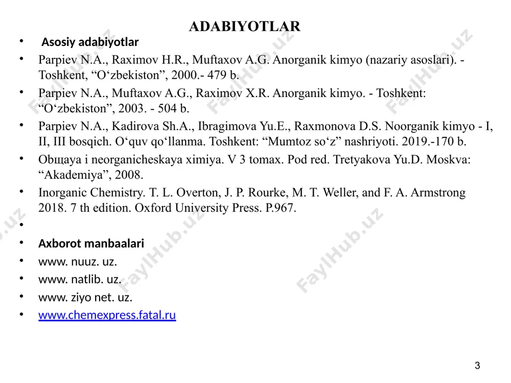 h2o teriga kons. hf to’kilsa kuydiradi iz qoldiradi. hf organik sintez, sh.ishlov berish va ftoridlar olishda ishl. ftorid kislota- hf 9 poliftoridlar 10 politetraftoretilen ch4 + 3cl2→chcl3 + 3hcl chcl3 + 2hf → chclf2 + 2hcl chclf2 → c2f4 + 2hcl 11 xlor va uning birikmalari tosh tuz yoki galit- nacl silvin- kcl silvinit - kcl*nacl kainit- mgso4*kcl*3h2o karnallit - kcl*mgcl2*6h2o 1772 y. sheele olgan. 1810 y. x.devi yangi element. xlor so’zi yunonchadan “xloros” – sarg’ish yashil . na, k va mg tuzlari dengiz, sho’r ko’llar, qurigan ko’llarda uchraydi. 12 sanoatda: xlor kcl yoki nacl suvdagi eritmasi elektroliz qilib olinadi. lab. xlor: oks-chilar mno2, kmno4, pbo2, k2cr2o7, kclo3 dan mno2+4hcl=mncl2+cl2+2h2o qattiq nacl +kons.h2so4 va mno2 : 2nacl+2h2so4+mno2=mnso4+cl2+na2so4+2h2o xlorning olinishi 13 sarg’ish yashil gaz, q. h. -34oc, qotish h. -101oc. xlor suvda, benzol, chcl3 , ccl4, sicl4 va ticl4 da eriydi. kimyoviy xossalari. f2 nisbatan aktivligi kam. cl2 o2, n2 va …