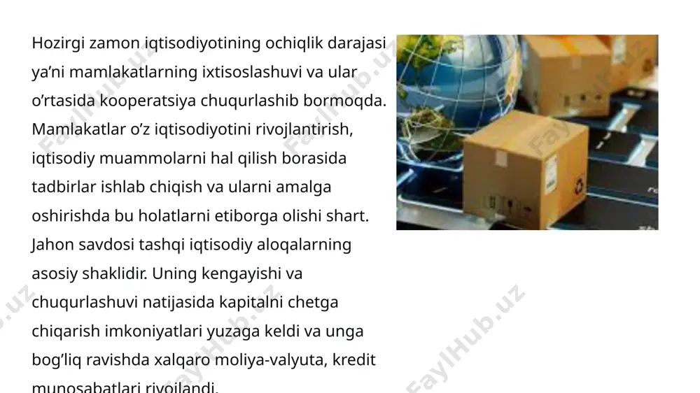lushining ortishi; tashqi savdo aylanmasining jon boshiga baholangan qiymatining notekis taq- simlanishi; yangi tarmoq va ishlab chiqarishning vujudga kelishi; qator mamlakatlarning ayrim mahsulotlar importiga bog`liqligining ortishi; tashqi bozorda ortiqcha mahsulotni sotishdan turli mamlakat korxonalari o`rta- sidagi hamkorlik aloqalari asosida avvaldan kelishilgan holda mahsulotni yet- kazib berish shakliga o`tilishi. xalqaro savdoning tovar tarkibi — xalqaro savdoning tarkibini aniqlovchi tovar mutanosibliklari majmuyi va aloqalaridan iborat bo`lib, maqsadi inson ehtiyoj- lariga moslashtirish nuqtayi nazaridan xalqaro savdo sohasida tovarlarni tabaqa- lashtirish hisoblanadi. xalqaro savdoning hududiy tarkibi — bu xalqaro savdoning hududiy tarkibini aniqlovchi mutanosibliklar va aloqalar majmuyi bo`lib, ushbu tarkib xalqaro savdo¬ning quyidagi xususiyatlari va rivojianish yo`nalishlarini ajratish imkonini beradi: • alohida mamlakatlarning savdo oqimlarini ajratish; • bir guruh mamlakatlar o`rtasidagi savdo oqimlarini ajratish; • mintaqalar o`rtasidagi savdo oqimlarini ajratish hozirgi zamon iqtisodiyotining ochiqlik darajasi ya’ni mamlakatlarning ixtisoslashuvi va ular o’rtasida kooperatsiya chuqurlashib bormoqda. mamlakatlar o’z iqtisodiyotini rivojlantirish, iqtisodiy muammolarni hal qilish borasida tadbirlar …