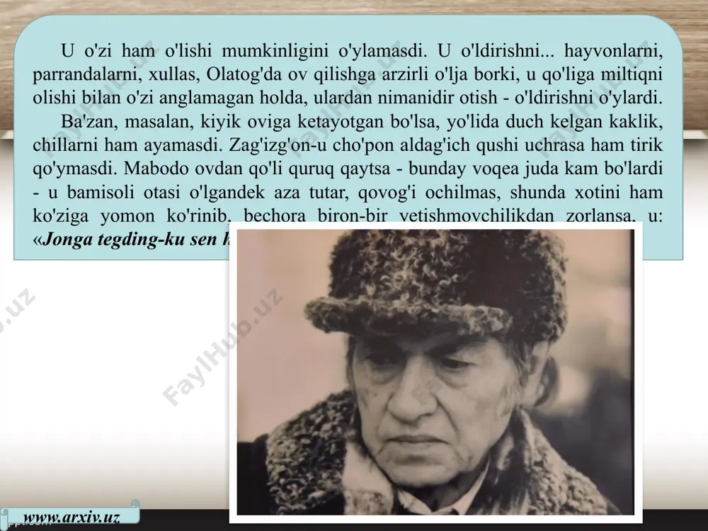 z ikki yildan keyin onasi uni uylantirdi. onani ham tuproqqa topshirgan yili o'g'il ko'rdi. o'g'li to'qqizga qadam bosganda... ...omon bir kuni ovdan quruq qaytdi: zovboshida bir qobon, bir megajin va o'ntacha churpani kamarga qamab chiqishini kutib yotgan edi, tepada geologlarning verto-lyoti pay do bo'ldi-da, naq kamar ustiga pasayib shunday shovqin ko'tardi, shamoli joni qattiq archalarni ham tit-ratdiki, qamaldagi cho'chqalar sel bosganday vahimada chiqib, xuddi omon pisib turgan archa tagiga o'zlarini urdi. omon kalovlanib, archa orqasiga o'ta oldi, xolos. cho'chqalar odamning beliga uradigan miyazorga oralab, ilonizi yo'l qoldirib ketipti. omon birinchi marta o'zini o'q bo'shatishdan tiydi: bunday paytda o'q qobonga tegadimi, bolasiga tegadimi - bo'ldi, qobon burila solib, ovchiga hu-jum qiladi. www.arxiv.uz omonning ta'bi xira bo'lib, qishloqqa qaytgandi. xotini sigir sog'dirmayotganidan koyinib edi, omon o'zi xurmani olib, sigir tagida cho'nqaydi. endi yelinni ushlaganini biladi, sigir bir qimtindi: oyog'i ko'zani urib, chil-chil qildi. omon o'rnidan turib chetga chiqdi. so'ng xotirjam kavshanayotgan hayvonga …
