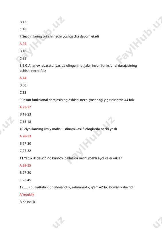 ra, tafakkur shkalada 94.8,93.7,99.0 birlikda a.36-40 b.45-50 c.39-42 20.qaysi olim oliy maktab oʻquvchilarining ijodiy faoliyat xususiyatlarini oʻrgangan a.z.f.esariva b.p.p.ananev c.v.shevchuk 21.grontopsixologiya psixologiya fanining tarkibiy qismi ekanini ilmiy jihatdan kim asoslangan a.s.xoll b.p.p.ananev c.z.f.esariva 22.i.i.mechnikov qaysi asarida grontopsixoligiya haqida falsafiy fikrlar bildirgan a.optimizm etyudlari b.katta kitob va keksa yosh c.keksayish 23.amerikalik psixolog s.xollning monografiyasi a.keksayish b.katta kitob va keksa yosh c.optimizm etyudlari 24.....-keksaygan odamning salomatligini saqlash va mustahkamlash sohasidir a.gerogigiyena b.grontopsixologiya c.geriatriya 25.... grekcha soʻz boʻlib keksalikning,keksayishning kelib chiqishidir a.grontopsixologiya b.yetuklik c.yoshlik 26.qaysi soʻz keksaygan insonni davolash maʼnosini bildiradi a.geriatriya b.gerogigiyena c.gerontopsixologiya 27.inson nechi yoshdan oshganda yetuklikning kechikkan davri kirib keladi a.50-60 b.45-50 c.50-55 28.ishdan xizmatdan uzoqlashish nechi yoshlarni tashkil etadi a.66-70 b.50-60 c.55-60 29.qaydi olim umr oʻtishi bilan koʻruv apparati xiralashuvini aytib oʻtadi a.p.lazerov b.p.ananev c.v.shevchuk 30.hozirgi kunda nafaqani belgilash nechi yil ilgarilab ketgan a.15-20 b.8-10 c.10-15