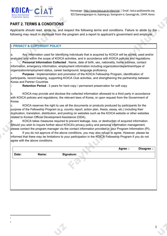 ion of training programs, records and performance management, management of participants including immigration and sojourn support, on/offline koica club activities, database management, responding to audit, follow-up, safety management mail name, date of birth, gender, nationality, contact info (emergency contact included), affiliation/position, work experience and qualifications, email, sns or messenger id for 5 years from the termination of employment address, academic background, photos, bank account info/bankbook copy destroyed upon termination of employment training institute (university) operating training programs; managing records and databases; facilitating on/offline koica club activities; providing follow-up and sojourn name, date of birth, gender, nationality, contact info (emergency contact included), affiliation/position, work experience and qualifications, academic background, photos, email for 5 years from the termination of employment address, family information (parent details, etc.) destroyed upon termination of employment insurance company (db insurance co.,ltd.) (registration) insurance purchase and roster management (compensation) document screening and claims management name, date of birth, …