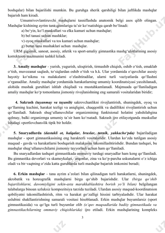 sakrash arqonlari, koptok, lenta, bulavalar) va ob’ektlarsiz. 1. saf mashqlari - safda birgalikda bajariladigan, shug‘ullanuvchilarda uyushqoqlik va intizomni, jamoa bo‘lib harakat qilish malakalarini, qad qomatni (safdagidek, qomat tutishni) tarbiyalashga, shuningdek, ritm va sur’at hissini tarbiyalashga yordamlashadigan harakatlardir. saf mashqlaridan bir tomondan jismoniy harakat mashg‘ulotlarini (ayniqsa mashg‘ulotning jamoa shakllarida) oqilona uyushtirish usuli sifatida foydalaniladi, ikkinchi tomondan esa undan inson organizmini shakllantiradigan va rivojlantiradigan, uyushgan hatti-harakat ko‘nikma va malakalarni tarbiyalaydigan muayyan harakatlantiruvchi faoliyat sifatida foydalaniladi. 2. umumrivojlantiruvchi mashqlar (urm) - mushaklar-skelet tizimining va umuman butun tananing yaxshilanishiga yordam beradi, to‘g‘ri qad qomatni hosil qiladi. ular umumiy jismoniy rivojlanish va o‘quvchilarni murakkabroq xarakatchan harakatlarni egallashga tayyorlashga qaratilgan. bu guruhga kuch, egiluvchanlik, tezlik, muvofiqlashtirish, muskullarni qotirish va bushashtirish qobiliyatini rivojlantirish uchun turli mashqlarni o‘z ichiga oladi. qo‘yilgan vazifalarga qarab umumiy rivojlantirish mashqlari predmetlarsiz va turli predmetlar (to‘plar, sakrash arqonchalari, gimnastika tayoqchalari, gantellar, rezina amortizatorlar va boshqalar) bilan bajarilishi mumkin. bu guruhga sherik qarshiligi bilan …
