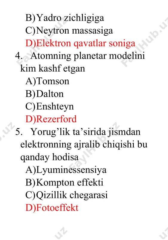 a) kimyoviy energiya b. b) termal energiya c. c) yadro energiyasi (✅) d. d) mexanik energiya k) plank doimi nima? a. a) energiya va chastota o'rtasidagi bog'lanishni ifodalaydi (✅) b. b) atom raqamini belgilaydi c. c) yadro energiyasini hisoblaydi d. d) elektronning massasi l) atom orbitalarining shakli qanday? a. a) to'g'ri chiziq b. b) sferik c. c) turli shakllar (✅) d. d) faqat kvadrat m) quyoshda energiya qanday jarayon orqali ishlab chiqariladi? a. a) kimyoviy reaktsiyalar b. b) yadro sintezi (✅) c. c) elektronlar harakati d. d) termal jarayonlar n) qaysi elementning atom raqami 1? a. a) heliy b. b) kislorod c. c) vodorod (✅) d. d) karbon o) atomning massasi ko'proq qaysi qismida joylashgan? a. a) elektron b. b) proton va neytron (✅) c. c) atomning tashqi qismida d. d) atomning ichki qismida p) ikkita atom birlashganda qanday yangi tuzilma hosil bo'ladi? a. a) molekula (✅) b. b) yadro …