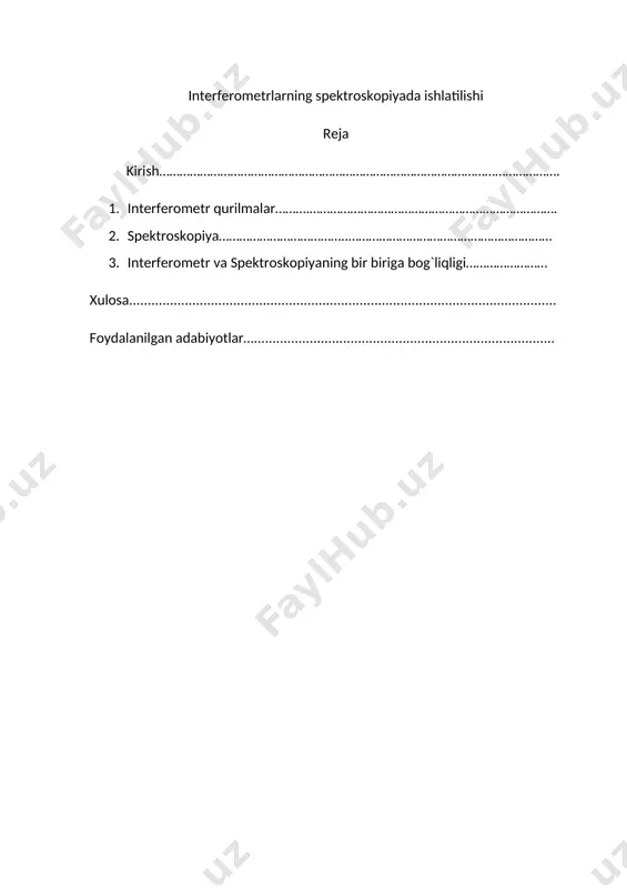 rferometrlarga fabri-pero interferometrlari misol bo`la oladi.(qo`yliyev b) mavzuning dolzarbligi. interferensiya - yorug‘likni to‘lqin tabiatini namoyon bo‘lishining bir isbotidir. interferensiya so‘zi lotin tilida interfere – “xalaqit bermoq” degan ma’noni anglatadi. bu juda qiziq va chiroyli manzara ma’lum shartlar bajarilganda, ikkita yoki bir nechta to‘lqinlarning qo‘shilishi natijasida kuzatiladi. ikki yorug‘lik to‘lqini qo‘shilib, bir-birini kuchaytiradi yoki susaytiradi. natijada ekranda markazi bir nuqtada yotuvchi yorug‘ va qorong‘i halqalar navbat bilan joylashadi. bular interferension maksimum va minimum deb yuritiladi. biroq har xil tajribalarning kursatishicha interferensiya hodisasini kuzatish oson emas. (referat.uz) interferensiya hodisasiga asoslanib ishlaydigan qurilmalarga interferometrlar deyiladi. interferometrlar ishlash prinsipi va tuzilishiga asosan ikki nurli va ko‘p nurli interferometrlarga bo`linadi. ikki nurli interferometrlarga jamen va maykelson interferometrlari, ko`p nurli interferometrlarga fabri-pero interferometrlari misol bo`la oladi. biz quyida shu interferometrlarga qisman to`xtalamiz.(quyliyev b) interferometr (interferensiya va metr) — elektromagnit yoki akustik toʻlqinlar interferensiyasi hodisasiga asoslangan oʻlchash asbobi. interferometrning ishi bitta nurning fazoda ikki (yoki koʻp) kogerent …