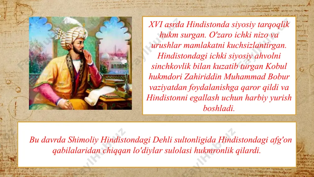 uning hukmronligi imperiyaning yillarida zaiflashuvi uchun zamin ham yetila bordi. avvalo, avrangzebning hech kimga ishonmasligi, hamma narsaga shubha bilan qarashi oliy martabali amaldorlar hamda mahalliy hind hukmdorlarining undan ko'nglini sovutdi. hindlar qaytadan “jizya” solig’i to'lashga majbur etildi. hatto hindlarning muqaddas ziyoratgohlarga boruvchilaridan ham soliq olinadigan bo'ldi. musulmon savdogarlari soliqdan ozod qilingani holda, hind savdogarlariga tovarning besh foizi miqdorida soliq joriy etildi. avrangzebning bu siyosati oxir oqibatda boburiylar hokimiyatining zaiflashuviga olib kelgan. 10 adabiyotlar: 11 1. урта асрлар тарихи. в.ф. семёнов. т., 1973. 2. дневник путешествие к двору тимура. ри гонзелеса де клавихо. (1403-1406). м., наука 1990. 3. истории италии. в 3 т. м., наука.1970. т.1. 4. культура эпоха возрождения м., - "наука" 1986. use charts to explain your ideas gray white black 12 and tables to compare data a b c yellow 10 20 7 blue 30 15 10 orange 5 24 16 13 maps our office 14 89,526,124 whoa! …