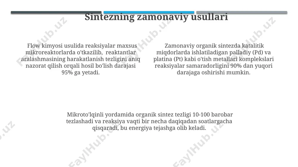 ktron ta'siriga bog'liq bo'ladi. himoya guruhlari va ularning qo‘llanilishi himoya guruhlari, masalan, benzil (bn) yoki tritil (tr), reaktsiyalar davomida molekulalarning sezgir funktsional guruhlarini 1-5 bosqichda himoya qilish uchun qo‘llaniladi. atsetil (ac) guruhi kabi himoya guruhlari spirtlarni esterlash orqali himoya qiladi va keyinchalik kislota katalizida 2-4 soatda osonlik bilan olib tashlanishi mumkin. silil efirlari, masalan, tert-butildimetilsilil (tbs) himoyasi, kuchli kislotalar yordamida olib tashlanadi va sterik jihatdan to‘sqinlik qiluvchi guruhlarni himoya qilishda samarali hisoblanadi. sintez strategiyasi va rejalashtirish retrosintez yondashuvi orqali maqsadli molekula bosqichma-bosqich soddalashtirilishi va har bir bosqich uchun mos reaksiyalar tanlanishi lozim, bu reaksiyalarning reagentlar soni va murakkabligiga bog'liq. sintez strategiyasini rejalashtirishda reaksiya samaradorligi (masalan, 80% dan yuqori chiqish) va selektivlikni hisobga olish muhim, chunki bu omillar yakuniy mahsulot hosil bo'lishini belgilaydi. ko'p bosqichli sintezda 3-5 ta oraliq mahsulotlarni olish va tozalash jarayonlarini oldindan rejalashtirish, vaqt va resurslarni tejashga yordam beradi. e'tiboringiz uchun rahmat @taqdimot_robot image1.jpeg