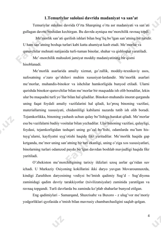 dagi arxеologik topilmalar kadimiy sugd mе’morchiligining xususiyatlarini aniklash imkonini bеrdi. arablarning markaziy osiyoni bosib olishi (vii-viii asrlarda) majalliy an’analar zamirida yangi yullar, badiiy-uslubiy uziga xosliklar paydo bqlishiga imkoniyat tugdirishi kеyinchalik yangicha uslub shakllanishiga asos yaratdi. bu tarixiy davrda samarqand, varaxsha va buxoro singari tarixiy-madaniy markazlar yaqqol ajralib turadi. islom madaniyatining ta’siri masjid, madrasa, maqbara, minora, xonako, namozgox kabi imoratlar qurilishida gurkirab ko’zga tashlanadi. markaziy osiеning ix-xii asrlardagi siyosiy tarixi qudratli hukmdor sulolalarining tеz-tеz almashib turishi bilan o’ziga xoslik kasb etadi. somoniylar va koraxoniylar jukmronligi davrlarida buxoro va samarqand poytaxt va yirik shaharlar sifatida ravnaq topdilar, ilmu fan va madaniyat markaziga aylandilar. maorif o’chog’iga aylangan ilk diniy akadеmiyalar - madrasalarning kurilishi ayniqsa diqqatga sazovordir. markaziy osiyo mе’morchiligi va san’atidagi ilgarilama rivojlanish mug’illarning ko’plab gullab-yashnagan shaharlarni, shu jumladan samarqand, buxoro va urganchni xarobazorga aylantirgan buzg’unchi istilosi oqibatida uzilib qoldi. xiv asrning o’rtalarida markaziy osiyo ko’plab tarqoq fеodal (amlokdor) davlatlar bor edi. uzaro …