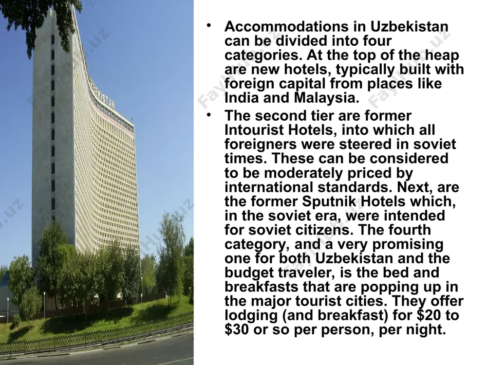 avush.com hotel “siyavush” located between the old and new parts of the city of bukhara. it’s convenient for entrance and parking of any kind of transport. hotel has 17 twin, 5 double and 5 single rooms with all facilities. all rooms have bathtubs. at the hotel you can enjoy real east hospitality and round clock service at highest level. hotel stuff is glad to meet and serve also families with children. the nurse will look after your children, while you can get acquainted with the city. services: booking air & railway tickets international calls, fax, e-mail car washing and laundry guide service, massage transportation services lyabi hauz b&b address: bukhara, 7 n.husainov str. tel: +(998 652) 24 24 84; fax: 24 21 77 e-mail: zairov@bcc.com.uz www.lyabihouse.com ideally located amidst a delightful natural setting of the old and charming part of bukhara city. just a short walk from 16 century synagogue …