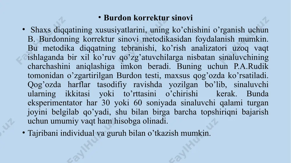 uchun – 1 ball bilan, noto‘g‘ri chizilgan figura uchun– 0 ball bilan baholanadi. tadqiqot natijalarining umumiy bahosi faqatgina ko‘rish xotirasining holati haqidagina emas, balki aqliy taraqqiyot darajasi haqida ham bilishga imkon beradi. piktogramma metodi bevosita eslab qolish xususiyatlarini piktogramma, ya'ni rasmli assotsiatsiyalar metodi orqali ham o‘rganish mumkin. piktogramma eksperimental-psixologik tadqiqot usuli sifatida birinchi marta l.v.zankov (1935) tomonidan qo‘llanilgan. sinaluvchi aniq so‘zni rasmdagi tasvir orqali eslab qolishi kerak. sinaluvchi so‘z va tasvir o‘rtasidagi aloqani o‘ylab topishi kerak, bu esa keyinchalik so‘zni qayta eslashiga imkon beradi. rasm va so‘z o‘rtasidagi assotsiativ aloqani shakllantirish jarayonida inson shunday mazmunli aloqalarni tanlaydiki, uning fikricha, bu rasmlar so‘zni eslab qolish uchun yaroqli bo‘ladi. (a.r.luriya, 1967). shuning uchun ham bu metodika orqali tadqiqot o‘tkazish faqatgina assotsiativ, bevosita xotira xususiyatlarinigina emas, fikrlash faoliyati xarakteri, mantiqiy tafakkurning rivojlanish darajasi haqida ham bilish imkonini beradi. (s.v.loginova, s.ya.rubinshteyn, 1972, b.g.xersonskiy, 1988). metodikaning mazmuni shundan iboratki, sinaluvchi aniq bir so‘zni – tushunchani …