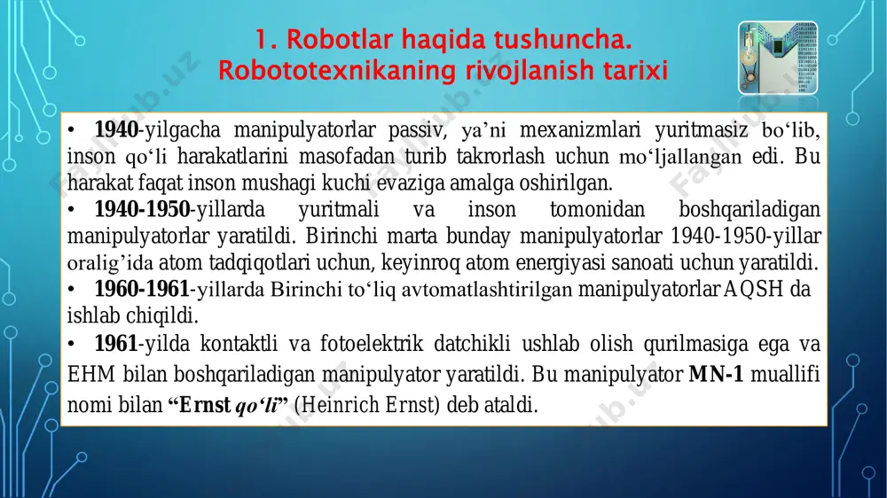 flanishi ishlab chiqarish robotlari – jismonan og‘ir, zaharli va xavfli hamda monoton ishlarni bajarish uchun mo‘ljallangan. ishlab chiqarish robotlari ishlab chiqarish robotlari, o‘z navbatida, bir necha turlarga bo‘linadi:  sanoat;  qurilish;  qishloq xo‘jalik;  transport;  maishiy (turmushda ishlatiladigan);  jangovor (harbiy). sanoat robotlari – asosan qo‘l mehnatini va transport operatsiyalarni avtomatizatsiyalash uchun har xil sanoat sohalarida qo‘llaniladi. qurilish robotlari – qurilishdagi keng ko‘lamdagi qo‘l mehnatini va og‘ir ishlarni avtomatlashtirishda ishlatiladi. qishloq xo‘jaligi robotlari – sermehnat va bir xil jarayonli qishloq xo‘jaligini avtomatlashtirish uchun mo‘ljallangan. transport robotlari – turli xil transport vositalarini boshqarishni avtomatlashtirish uchun mo‘ljallangan. bular o‘ziyurar telejkalar, mashinalar, traktorlar, qadamlab yuruvchi qurilmalar, avtopilot va avtorullardir. maishiy (turmushda ishlatiladigan) robotlar inson turmushiga va unga xizmat ko‘rsatish sohasiga aloqador operatsiyalarni avtomatlashtirish uchun ishlatiladi. jangovar (harbiy) robotlar jangovar vaziyatlarda inson hayotini saqlab qolish yoki inson qobiliyatiga mos kelmaydigan sharoitlardagi harbiy maqsadli ishlar uchun odamlarni almashtiradi. 3. bajarayotgan vazifasi turi …