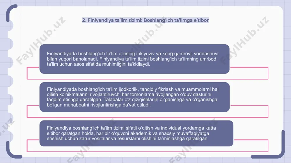 orlash va malakasini oshirishga e'tibor qaratilishidir. o'qituvchilar yuqori malakaga ega bo'lib, o'z malaka va bilimlarini doimiy ravishda oshirish uchun doimiy yordam oladilar, natijada finlyandiya maktablarida yuqori samarali va g'ayratli o'qituvchilar mavjud. 8. finlyandiya boshlang'ich ta'limidagi kelajak tendentsiyalari va innovatsiyalari finlyandiyada boshlang'ich ta'lim yaxlit rivojlanish va individual ta'limga qaratilgan. kelajakdagi tendentsiyalar ko'proq shaxsiylashtirilgan o'quv rejalarini va sinflarda texnologiyadan foydalanishni ko'paytirishni o'z ichiga oladi. finlyandiya boshlang'ich ta'limidagi innovatsiyalar tenglik va inklyuzivlikka katta e'tibor berish bilan bog'liq. maktablar o'quvchilarni kelajakka yaxshiroq tayyorlash uchun loyihaga asoslangan va hamkorlikda o'qitish usullariga o'tmoqda. onlayn ta'lim platformalari va virtual haqiqat kabi raqamli vositalarning integratsiyasi finlyandiyada boshlang'ich ta'lim manzarasini qayta shakllantirmoqda. tanqidiy fikrlash va muammolarni hal qilish ko'nikmalariga urg'u berish innovatsiyalarni rivojlantirishning kalitidir. e'tiboringiz uchun rahmat
