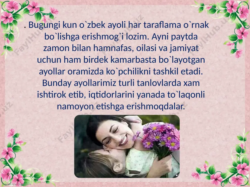 umuman yo’qligi, “muqaddas” degan munosabatning alllaqachon g’oyib bo’lgani nimadan darak beradi?! nahot, bu holat sizni tashvishga solmasa?! o’zbek qizlari, millatimiz ayollari shu munosabatga loyiqmi?! www.arxiv.uz fokinalida.75@mail.ru . xotin-qizlarning siyosiy faolligini oshirish maqsadida o’zbekiston respublikasi oliy majlisi qonunchilik palatasi va xalq deputatlari mahalliy kengashlari deputatlari orasida xotin-qizlar soni ikki yarim-uch baravar ortdi. 2 nafar ayollar o’zbekiston respublikasi oliy majlisi qonunchilik palatasi deputatligigaga, 1 nafar ayol o’zbekiston respublikasi oliy majlisi senati a’zoligiga, 11 nafar ayollar xalq deputatlari viloyat kengashiga, 94 nafar ayollar shaharlar, tumanlar kengashlariga deputat etib saylanganligi ularning davlat boshqaruvida faol ishtirok etayotganligidan dalolatdir. fokinalida.75@mail.ru ayollarimizning sharqona hayo, ibolari kiyinish madaniyatida ham aks etishini hisobga olib viloyat xotin-qizlar qo’mitasi tashabbusi bilan so’nggi yillarda milliy liboslar targ’ibotini kuchaytirish bo’yicha keng ko’lamli ishlar amalga oshirildi. bu borada viloyat miqyosida “liboslarda qadriyat aksi”, “asl liboslar” ko’rik-tanlovlari, mustaqillik bayrami oldidan o’tkazilgan milliy liboslar oyligi tadbirlari, viloyat olima ayollari ishtirokidagi “salomatlik gigiyenasi va kiyinish madaniyati” mavzusidagi …