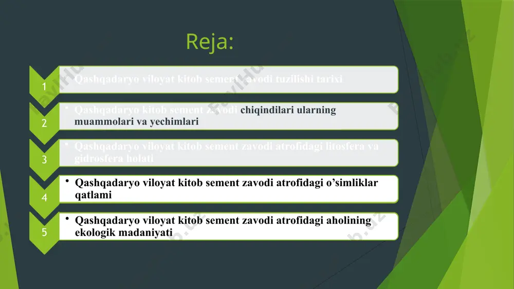 zimov ishtirok etdi. qashqadaryo kitob sement zavodi chiqindilari ularning muammolari va yechimlari - suvsizlash (vegetatsiya zarar ko‘rishi), qishloq xo‘jaligi yerlarida hosildorlik pasayishi - odamlar salomatligi: nafas yo‘llari, allergiyalar, bronxit, astma - atmosfera ifloslanishi, ko‘rinmas ko‘mir changlari va zaharli gazlar - karboniv chiqindilar (co₂) – iqlim o‘zgarishiga qo‘shadi muammolar - zamin va yer osti suvlari ifloslanishi - tashqi ko‘rinish va landshaftga zarar - homashyo isrofi - agarda chiqindilar ommaviy saqlansa: yong‘in xavfi, toksik moddalar chiqishi - kimyoviy moddalar, ph o‘zgarishi, mexanik zarralar suv ekotizimlariga zarar - yer osti va yer usti suvlarining ifloslanishi, ichimlik suvi sifatining yomonlashuvi - energiya isrofi - iqlim o‘zgarishini qo‘llab-quvvatlovchi chiqindilar - qolgan issiqlik atrof muhitni isitishi yoki issiqlik stressiga olib kelishi mumkin - kislota yomg‘irlari - atrof‐muhitning kislotalik darajasini oshishi - inson va hayvon organizmiga toksik ta’sirlar suv chiqindilari qattiq chiqindilar: loj, cho’kindi chang, clinker cho’kindilari issiqlik chiqindilari noₓ, so₂ va boshqa gaz komponentlari ehtimoliy yechimlar …