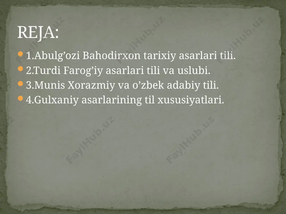 idagilarni yozadi: «hamma ulug‘lar, ham oddiy kishilar tushunsun teb, men bu tarixni turkiy tili bila aytdim. turkiyni ham andoq aytubmenkim, besh yashar o‘g‘lon ham tushunur. tushunush oson bo‘lsun teb, men chig‘atoy turkisindin, forsicha va arabchadin bir dona ham so‘z qo‘shmadim”. haqiqatan ham abulg‘ozi asarlarining tilini kuzatar ekanmiz, unda san’atkorlarcha badiiy qayta ishlangan xalq so‘zlashuv tilining namunasini ko‘ramiz. abulg‘oziy bahodirxon xalq og‘zaki ijodi namunalaridan unumli foydalangan: “öksük öz kindigin özi kesär”, “on darveš bir palās ustïğa sïğar, ikki pādšāh jahānğa sïğmas”, “ït semirsä egäsini qapar” singari. asarlarda arabcha so‘zlarga nisbatan turkiy so‘zlar ko‘p o‘rinni egallagan. unda ulkan, bitmäk, ulus, yalavač, tilmač, ušaq, körklük, kent, čarlatmak, bölük kabi turkiy so‘zlar qo‘llangan. asarlar fonetikasida so‘z boshidagi d -t ga o‘tadi: degän - tegän, deb -teb, dedük - tedük. ba’zi o‘rinlarda so‘z boshida y-j ga o‘tadi: yav - jav, yol -jol (xorazmda j lovchi o‘g‘uz shevalari mavjud bo‘lganligi). -q, -k undoshi bilan tugagan ikki …