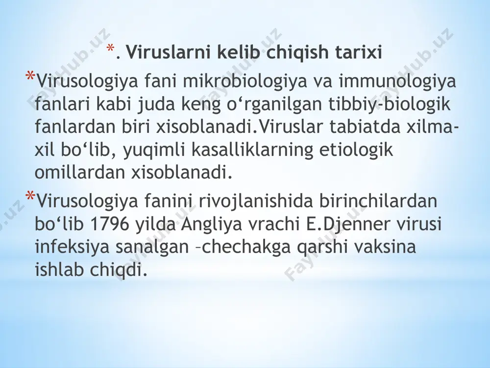 ishi jixatidan xam, funksiyalari jixatidan xam prokariotlar va eukoriotlardan farq qiladi, chunki ular: 1. xujayra struktura tuzilishiga ega emas. 2. faqat bitta nuklein kislota tutadi.(dnk yoki rnk). 3 o‘sish va binar bo‘linish xususiyatiga ega emas. 4. o‘zining metobolik sistemasiga ega emas. 5. o‘z tarkibiy qismi evaziga emas, balki birgina nuklein kislotasi xisobiga tashkil topgan. 6. shaxsiy oqsillini sintez qilish uchun xo‘jayinning ribosoma xujayrasidan foydalanadi. /docprops/thumbnail.jpeg