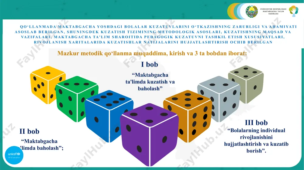 atib boradi (masalan, hafta davomida qanday o‘ynashini) formativ baholash summativ baholash muayyan vaqt mobaynida shakliy baholash orqali to‘plangan faktlar, dalillardir. ushbu baholash bolaning rivojlanishini davlat talablari kabi muayyan kutilgan natijalarga nisbatan baholash uchun mo‘ljallangan. summativ baholash zona dolzarb va potensial rivojlanish darajalari orasida hosil bo‘ladi: bola vazifani mustaqil bajara oladi; bola vazifani kattalar yoki tajribali tengdoshi yordamida bajaradi birinchidan, bolaning qiziqishini uyg‘otish va uni vazifalarni bajarishga harakat qilishga undash kerak; ikkinchidan, agar bola biror vazifani bajarishni qiyin deb topsa, yechimga olib keluvchi qadamlar sonini soddalashtirish va kamaytirish muhimdir. pedagog vazifani soddalashtiribgina qolmay, uni bajarishga ham yordam beradi va qo‘llab-quvvatlaydi. uchinchidan, pedagog bola g‘ayratini saqlashi muhim. bola rag‘batni kutadi, muammoni hal qilish u uchun qiziqarli bo‘lishi kerak. bola vazifa talablarini bajara olishga qodir ekanligini sezishi lozim. ta'lim jarayonida psixolog l.s. vigotskiy bolaga yordam berishni o‘zgacha tashkil etadigan kattalar roliga katta ahamiyat qaratadi: amaliy vazifalar: xudud: vazifalar: sizning stolingizda «kuzatish va baholash» …