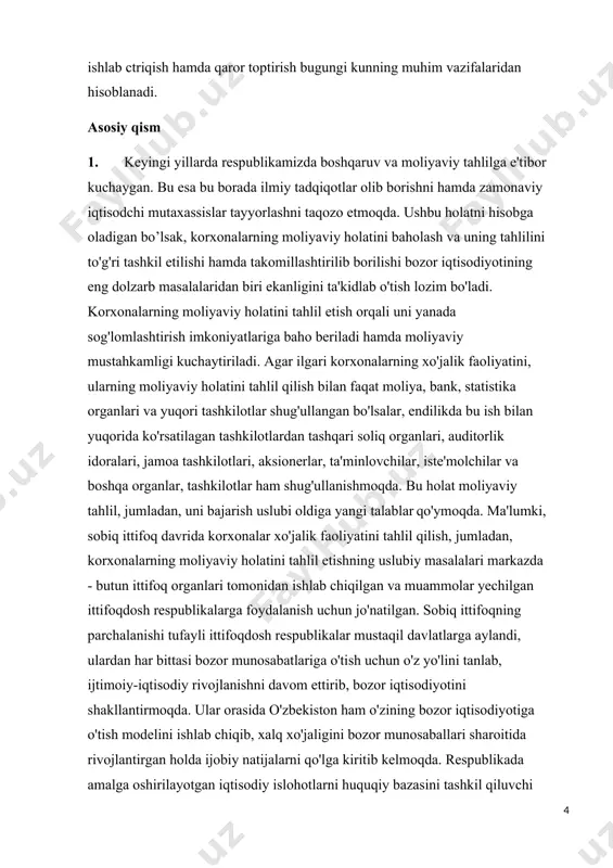 r o'rtasida bo'ladigan o'zaro munosabatlarni tartibga solish bilan bog'liq pul hisob - kitoblarini ifodalaydi. moliyaviy holat korxonani mablag' bilan ta'minlanganligi, barcha turdagi mablag'larni maqsadga muvofiq yo'nalishi va ulardan foydalanishning maqsadga muvofiqligi, budjet, bank, xomashyo yetkazib beruvchilar, xaridorlar va boshqa tashkilotlar bilan olib boriladigan hisob-kitob holati bilan xarakterlanadi. korxonani moliyaviy holati barqaror, nobarqaror va krizis darajasida bo'lishi mumkin. moliyaviy barqarorlikka ega bo'lgan korxonalarda ishchi va xizmatchilar bilan ish haqi, budjet, bank, mol yetkazib beruvchilar bilan bo'ladigan hisob - kitob ishlari o'z muddatida amalga oshiriladi. moliyaviy intizomga rioya qilmaslik, debitorlik va kreditorlik qarzlarni ortib ketishiga olib keladi va muddati uzaytirllgan qarularni surunkali davom etishi bankrotlik alomatlarini vujudga keltiradi. 2. korxonalarning moliyaviy holati bu - kompleks ravishdagi tushuncha bo'lib, o'z ichiga keng ko'rsatkichlar tizimini oladi, ular komonalarning moliyaviy resurslari borligini, holatini, joylashganligini va ulardan foydalanish darajasini ifodalaydi, korxonalar faoliyatidagi butun ishlab chiqarish va xo'jalik omillarining harakati, ularning o' zaro aloqadorlik natijasidir, korxonalarning mo'tadil …