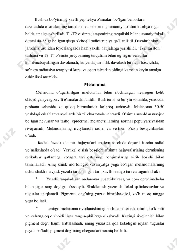 uqurligi kasallikning prognozi uchun muhimroqdir. shu munosabat bilan invaziv o’sishning besh bosqichi mavjud ( klark v.): 1. epidermal daraja-o’simta bazal membranadan unib chiqmaydi. 2. melanoma hujayralarining bazal membrana orqali dermisning so’rg’ichsimon qatlamiga kirib borishi. 3. o’simta o’sishi so’rg’ichsimon qatlamda o’simta retikulyar qatlamga yetib boradi. 4. o’simtaning dermisning retikulyar qatlamiga o’sishi. 5. o’simta teri osti yog’ to’qimalariga tarqaladi. tnm tizimi bo’yicha teri melanomalarining xalqaro tasnifidan foydalanganda davolanishdan oldin t toifasini aniqlash tavsiya yetilmaydi. patologik tasnif pt- birlamchi o’sma. ptx-birlamchi o’smani baholash uchun ma’lumotlar yetarli emas. ptis - melanoma in situ (klarkga ko’ra 1-daraja). pt1-qalinligi 0,75 mm gacha bo’lgan o’simta (klarkga ko’ra 2- daraja). pt2-qalinligi 1,5 mm gacha va/yoki (klarkga ko’ra 3-darajali) o’simta. pt3-qalinligi 4 mm gacha bo’lgan o’simta va/yoki (klarkga ko’ra 4-daraja). pt4-qalinligi 4 mm dan ortiq o’simta (klarkga ko’ra 5-daraja) va/yoki birlamchi o’simtadan 2 sm masofada sun’iy yo’ldoshlar mavjud. regionar limfa tugunlari: pn-toifalari n toifalariga mos keladi. nx-regionar limfa tugunlari …