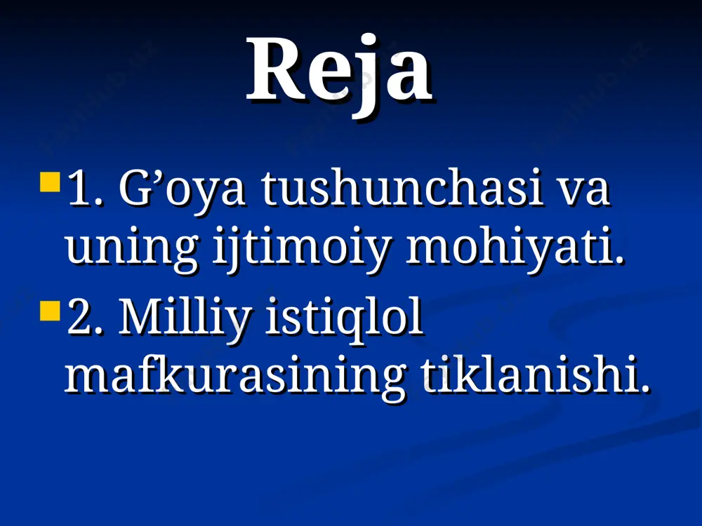 zi uchun o’zak bo’lib hisoblanadi va tushuncha yohud fikr ma’nosini anglatadi. ideologiya (idyea-g’oya. tushuncha, iogos — ta’limot) atamasi esa g’oyalar to’grisidagi ta’limotni anglatadi va ikki xil ma’noda ishlatiladi: — g’oyalarning mazmuni, shakllanishi, ahamiyati to’g’risidagi bilimlarni ifodalaydi va ilmiy soha hisoblanadi; — muayyan g’oyani amalga oshirish, maqsadga yetish usullari, vositalari, omillari tizimini anglatadi. soglom va nosoglom, ezgu hamda yovuz, bunyodkor yoki buzgunchi g’oyalar g’oyalarning oddiy fikrlardan farqi yana shundaki, bular garchi tafakkurda paydo bo’lsada, keng jamoatchilikning maqsadlarini ifoda etadi. ularning ishonchi va e’tiqodiga aylanib, e’tirof etilganligini bildiradi, inson (va jamiyat) ruhiyatiga, hatto tub qatlamlariga ham singib boradi. g’oya shunday quvvatga egaki, u odamning ichki dunyosigacha kirib borib uni harakatga keltiruvchi, maqsad sari yetaklovchi ruhiyaqliy kuchga aylanadi. ularni muayyan maqsadga yo’naltiradi, safarbar etadi. ularni jipslashtiradi, hamjihat va hamkorlikka undaydi. milliy istiqlol mafkurasining tiklanishi. «g’oya» va «mafkura» tushunchalari birbiriga yaqin bo’lsada, ularni aynanlashtirmaslik kerak. nima sababdan? birinchidan, mafkura g’oyaga nisabatan mazmunan kengroq tushunchadir. …