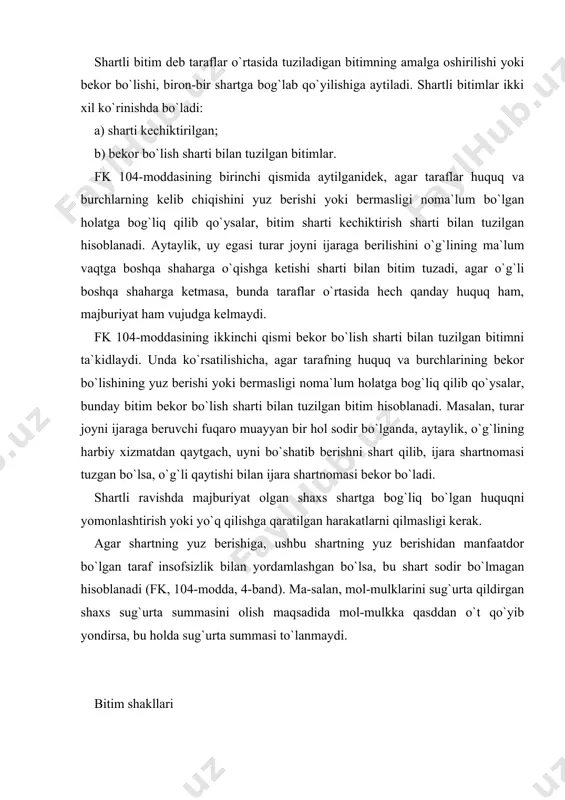 arial tasdiq-langan) shaklda tuziladi (fk, 105-modda, 1-band). fkning 106-moddasiga binoan qonun hujjatlarida yoki taraf-larning kelishuvida yozma tasdiqlangan shakl belgilab qo`yilmagan, jumladan, u tuzilayotgan vaqtning o`zidayoq bajariladigan bitim og`zaki tuzilishi mumkin. shaxsning xatti-harakatidan uning bitim tuzishga bo`lgan xohish-irodasi bilinib turgan holda ham bunday bitim tuzilgan hisoblanadi. jeton, patta yoki odatda, qabul qilingan boshqa belgi berish bilan tasdiqlangan bitim, agar qonun hujjatlarida boshqacha tar-tib belgilangan bo`lmasa, og`zaki shaklda tuzilgan bitim hisob-lanadi. yozma shaklda tuzilgan shartnoma bajarishga qaratilgan bitimlar, agar qonun hujjatlari va shartnomaga zid bo`lmasa, taraflarning kelishuviga muvofiq og`zaki tuzilishi mumkin. qonunda indamasdan, sukut saqlash orqali ham bitim tuzi-lishi mumkinligi nazarda tutiladi. bu holda xalqimizning qadim-dan mavjud “sukut – rozilik alomati” qoidasi amal qiladi. biroq bunday usulda bitim tuzishga faqat cheklangan hollardagina yo`l qo`yiladi. fkning 105-moddasiga asosan sukut saqlash qonun huj-jatlarida yoki taraflarning kelishuvida nazarda tutilgan hollar-da bitim tuzishga bo`lgan xohish-irodaning ifodasi hisoblanadi. yuqorida aytilganidek, shaxsning xulq-atvori, xatti-harakat-laridan bitim tuzishga bo`lgan xohish-irodasi …
