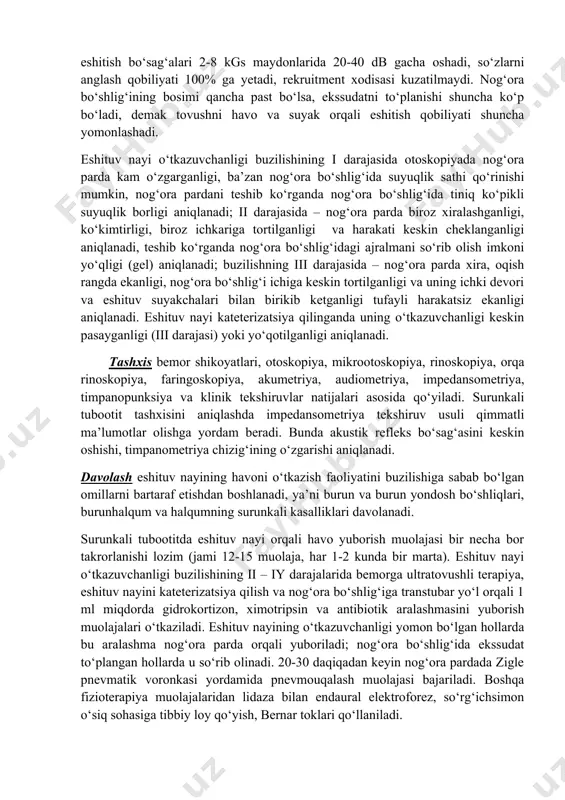 alqum o‘smalari, chandiqlari, skleroma tugunchalari va h.k.) ta’sirida eshituv nayining halqum teshigi uzoq vaqt davomida yopilishi natijasida hamda sabablari o‘z vaqtida bartaraf etilmagan o‘tkir tubootitni oqibatida yuzaga keladi. eshituv nayining yopilishi va u bilan bog‘liq bo‘lgan boshqa jarayonlar asta-cekin rivojlanib, to‘rt bosqichda kechadi: · serozli aseptik yallig‘lanish; · mukozli aseptik yallig‘lanish; · o‘rta quloqda chandiqli bitishmalar ( adgeziv bosqich) hosil bo‘lishi; · nog‘ora bo‘shlig‘ining o‘sib boruvchi atelektazi bosqichi. o‘rta quloq bo‘shlig‘ida turg‘un manfiy bosim hosil bo‘lishi natijasida nog‘ora parda nog‘ora bo‘shlig‘i tomon botadi; u yerda ekssudat xosil bo‘ladi (serozli aseptik yallig‘lanish bosqichi); ekssudat uzoq vaqt davomida chiqarilmasligi natijasida quyuqlashadi va nog‘ora bo‘shlig‘ida quyuq gelsimon ajralma to‘planadi (mukozli aseptik yallig‘lanish bosqichi), keyinchalik nog‘ora bo‘shlig‘ida bitishmalar hosil bo‘ladi (adgezov o‘rta otit bosqichi). og‘ir hollarda nog‘ora pardani nog‘ora bo‘shlig‘ining ichki devori bilan birikishi natijasida nog‘ora bo‘shlig‘ining obliteratsiyasi (atelektazi) yuzaga keladi. co‘rg‘ichsimon o‘siqning sklerotik shakliga ega bo‘lgan shaxslar pnevmatik shaklli shaxslarga nisbatan surunkali tubootitga …