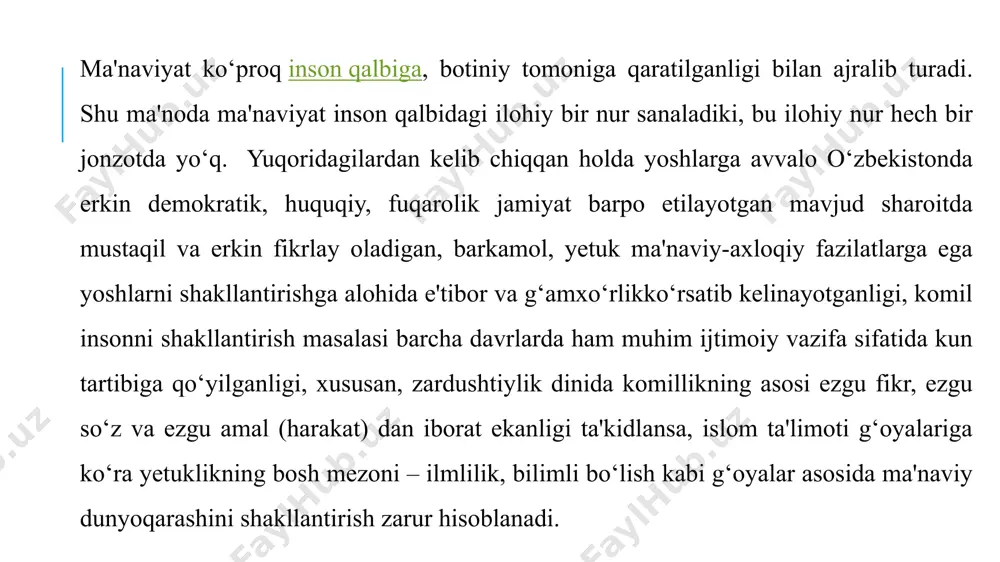 chag‘miniy (xii-xiii asr boshlari) kabi buyuk allomalarimizlarni alohida ta'kidlash o‘rinlidir. bu ulug‘ zotlar nafaqat ma'lum bir sohaga doir fundamental bilimlar balki, inson kamoloti, ma'naviyati, komillik sari intilib yashash eng ezgu fazilatlardan ekanligi kabi g‘oyalari bugungi kunda ham ma'naviy yetuk insonni shakllantirishda, ma'naviyatni yuksaltirishda juda ahamiyatlidir. etiboriz uchun rahmat! /docprops/thumbnail.jpeg